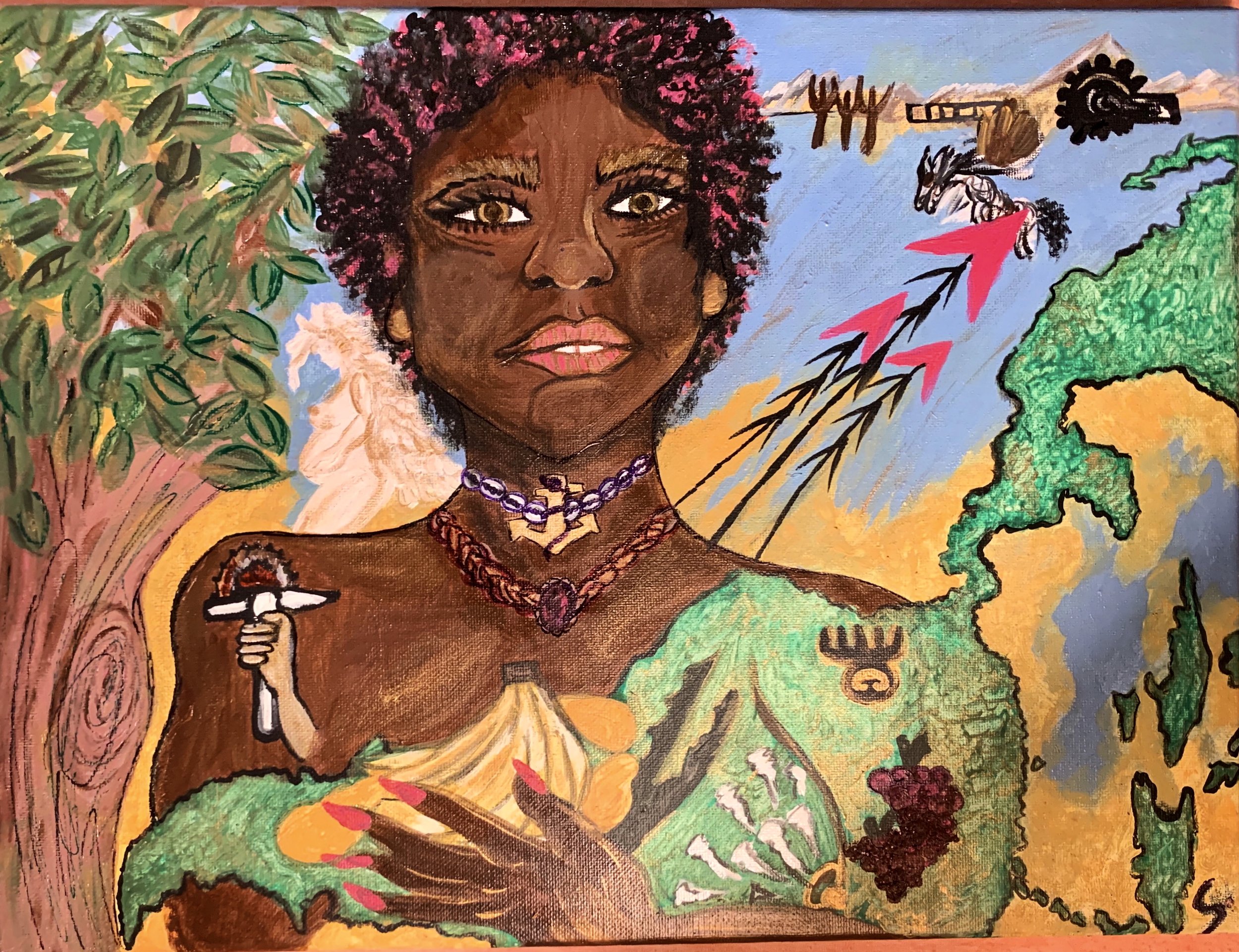 "Hunter/Gatherer," 2019, acrylic and marker on canvas