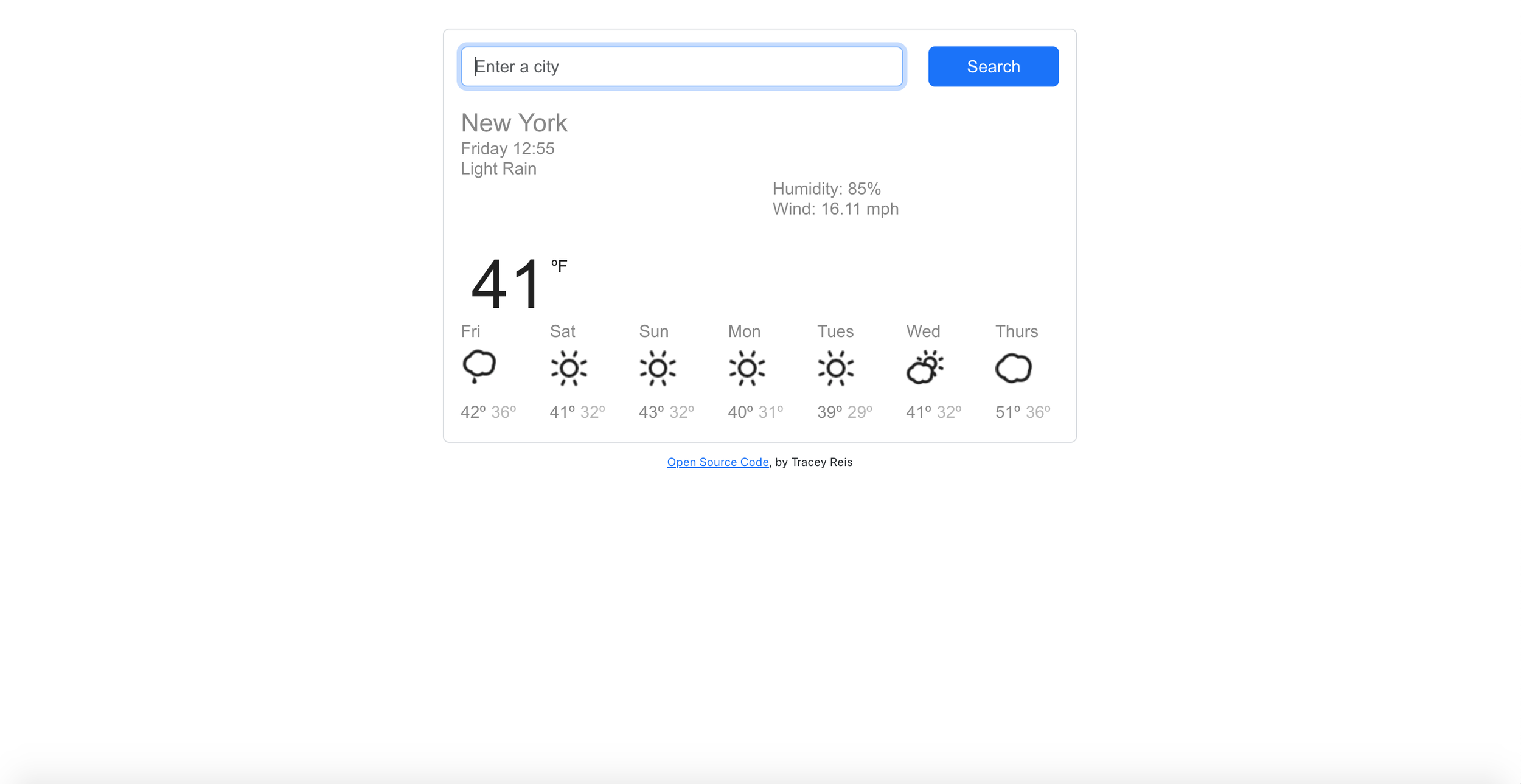 Weather App-
A website where you search for weather in a specified location.
Used React, HTML, CSS, Javascript, APIs, Bootstrap