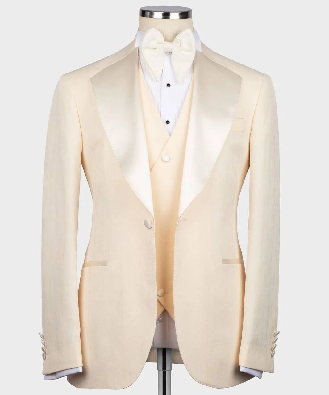 Cream ACME tuxedo with cream satin lapel — Honaj Couture