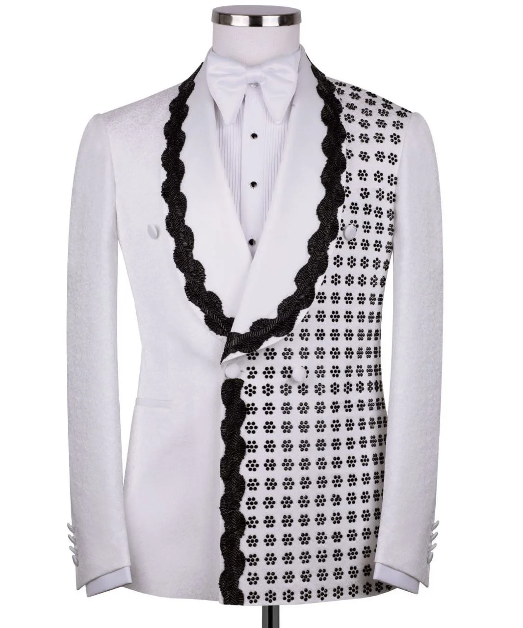Ivory Double breasted with black jeweled lapel tuxedo — Honaj Couture