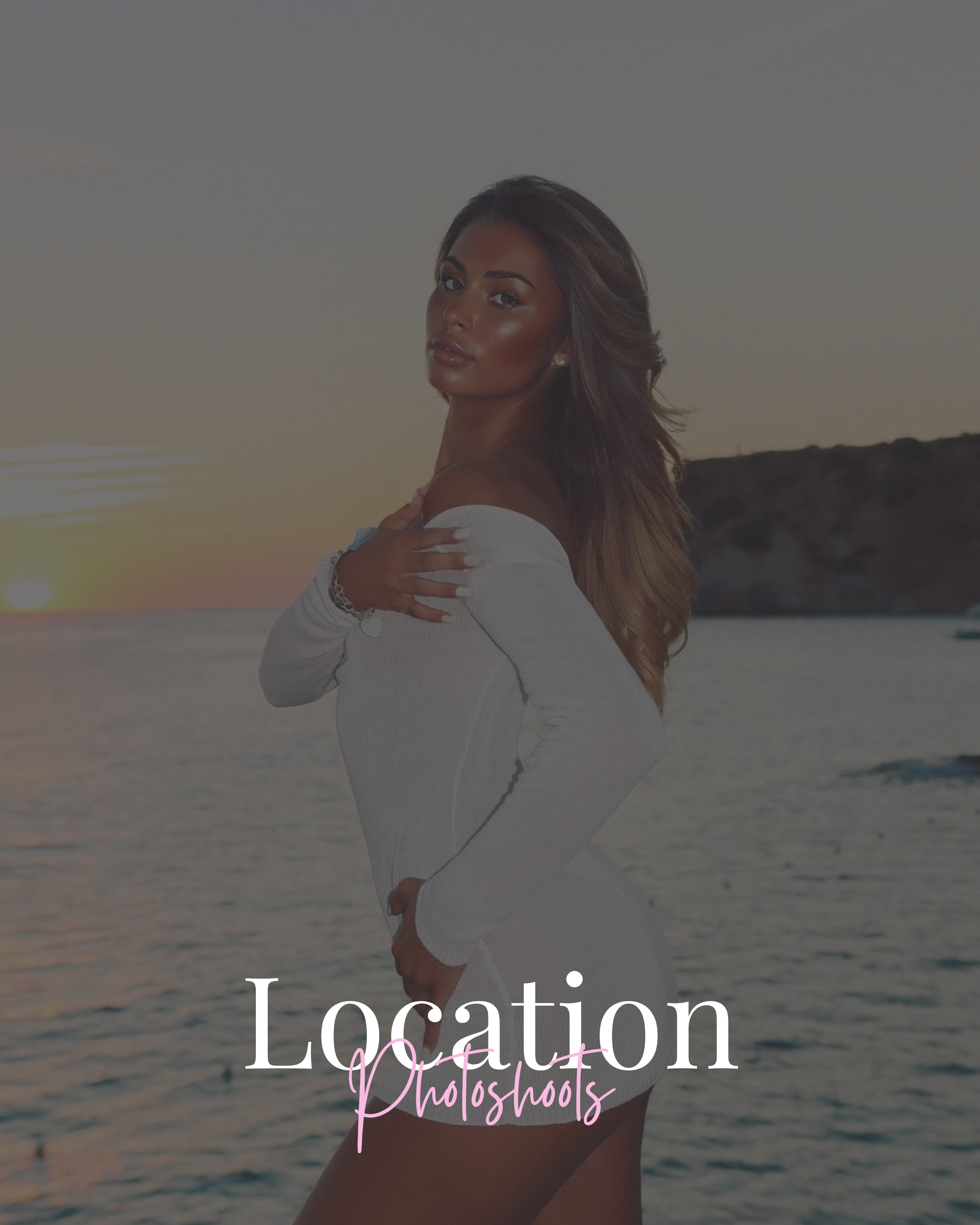 A woman in a white dress posing by the water at sunset with text 'Location Photoshoots' overlayed.