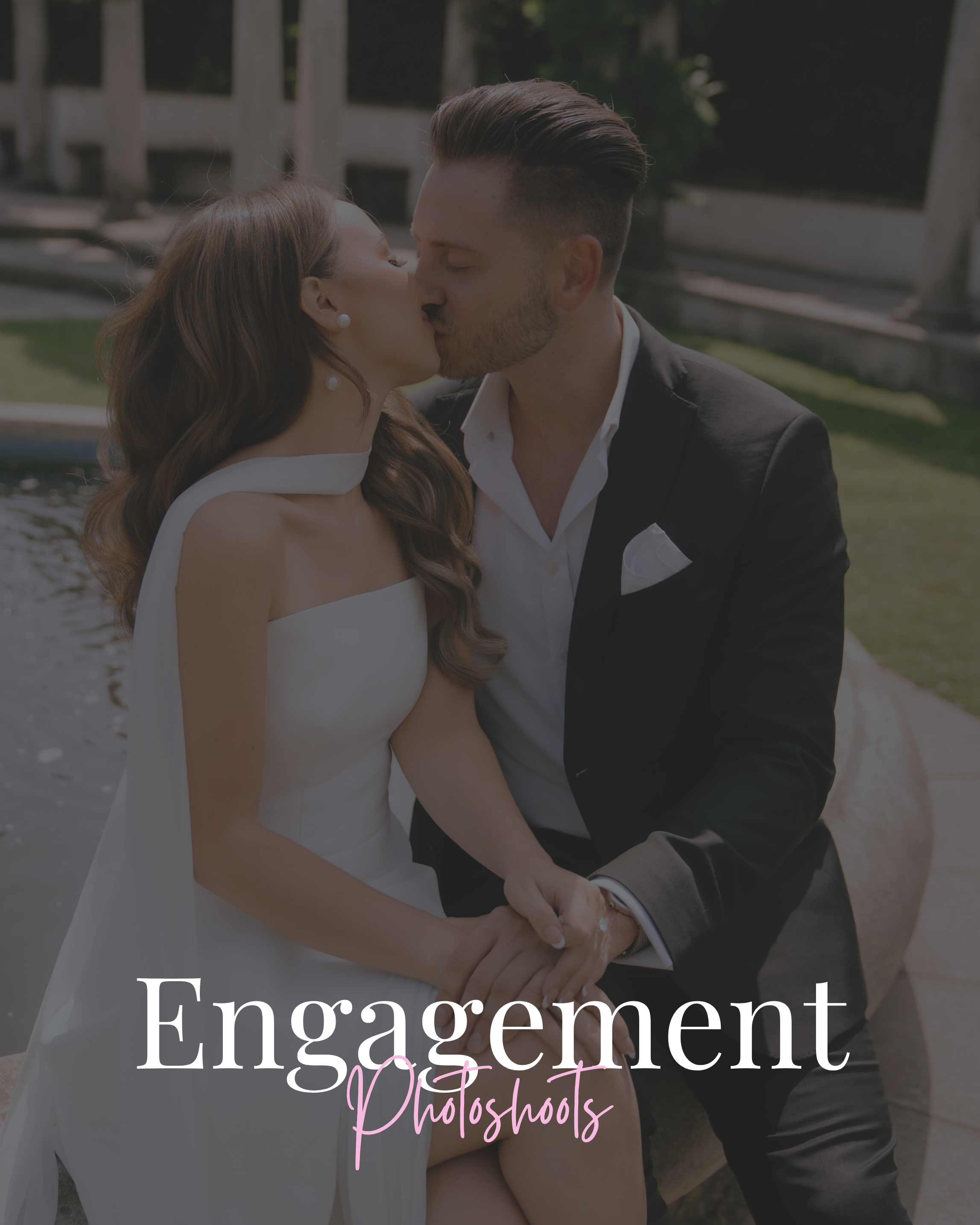 A newly engaged couple sharing a kiss outdoors next to a pond, with the text 'Engagement Photoshoots' overlayed.