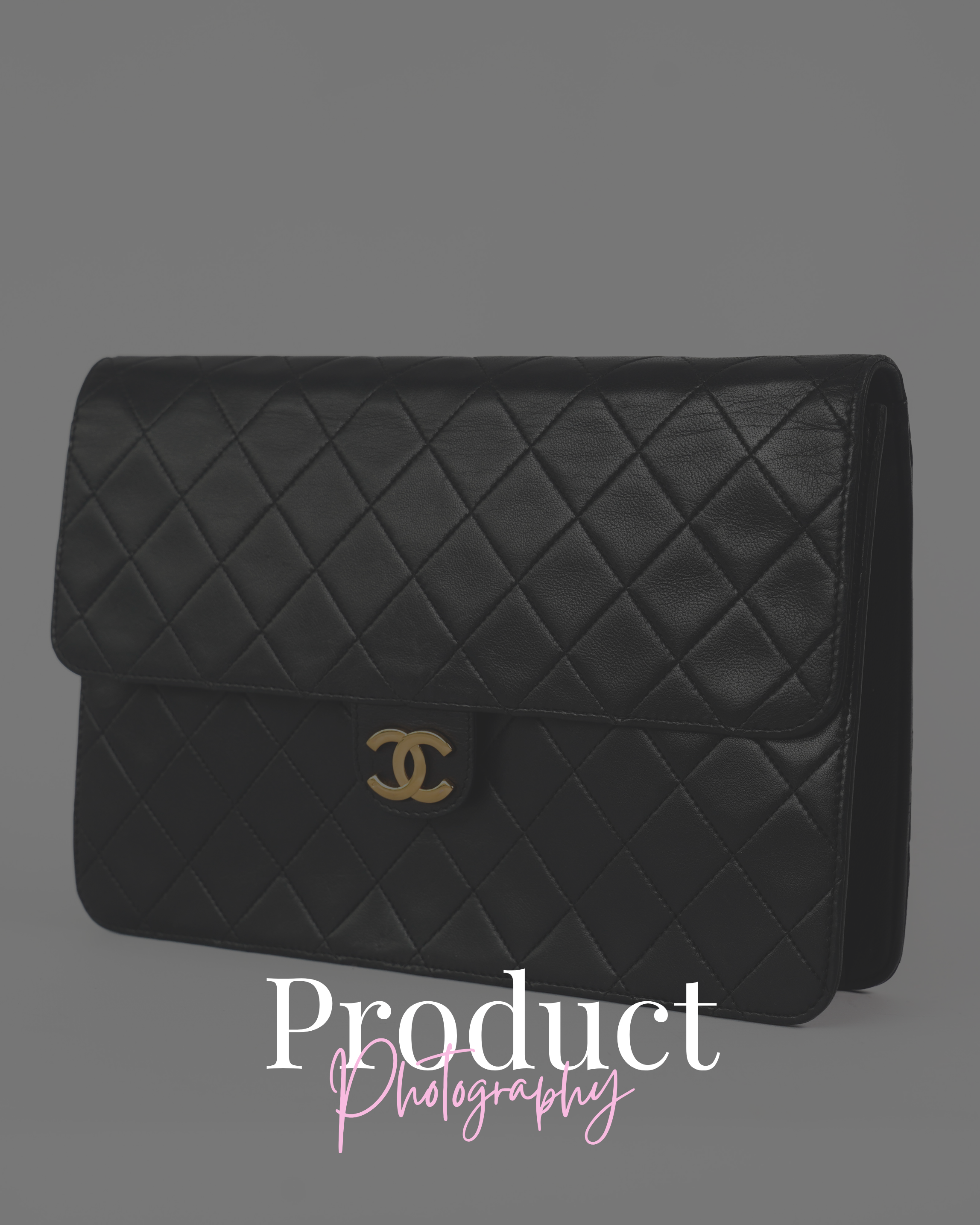 Black quilted leather handbag with a gold Chanel logo clasp, set against a gray background.