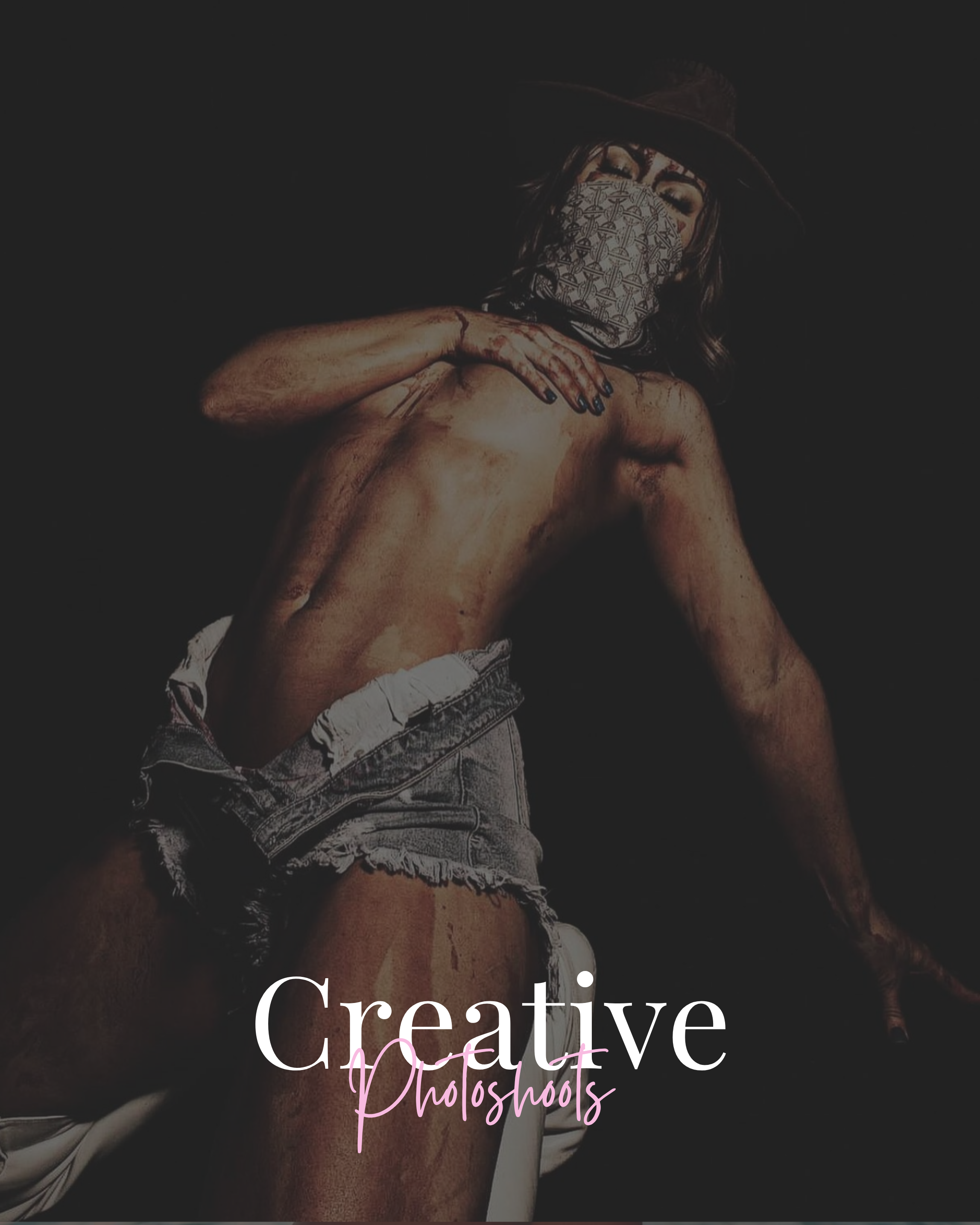 A person with a partially covered face, wearing a wide-brimmed hat and bandana, posing shirtless with distressed denim shorts, against a dark background, with the text 'Creative Photoshoots' overlaid.