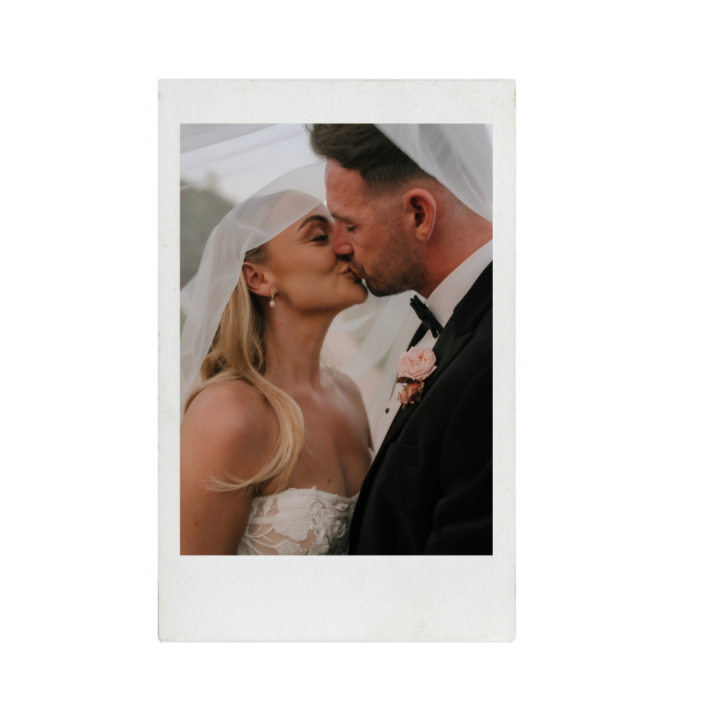A bride and groom kissing at their wedding, dressed in wedding attire, with the bride wearing a white dress and veil, and the groom in a black tuxedo with a pink boutonniere.