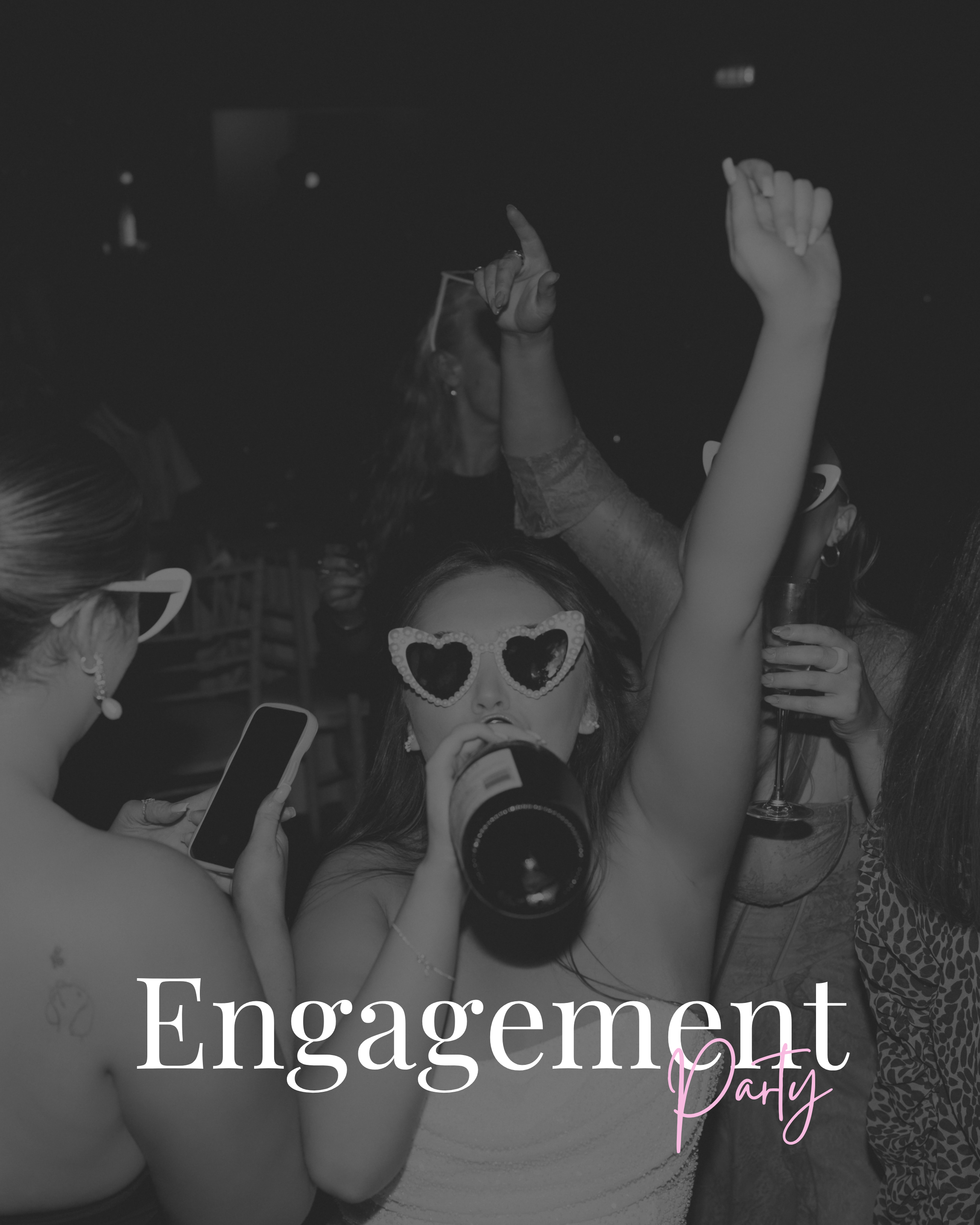 People celebrating at a party, with one woman wearing heart-shaped sunglasses drinking from a bottle, others holding drinks, and the words 'Engagement Party' overlaid.