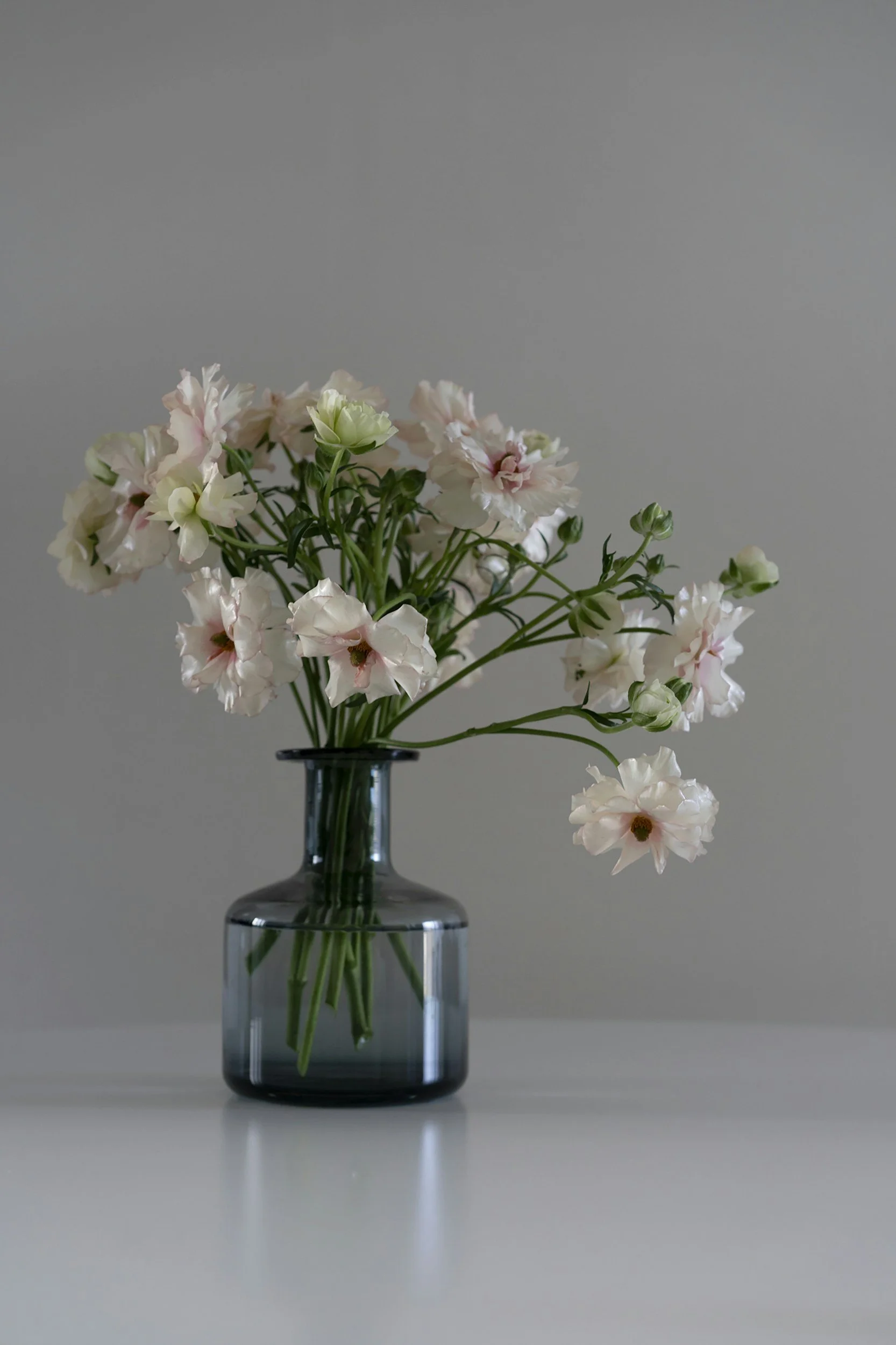 Pink and white flowers in a clear glass vase on a light gray surface against a light gray background.