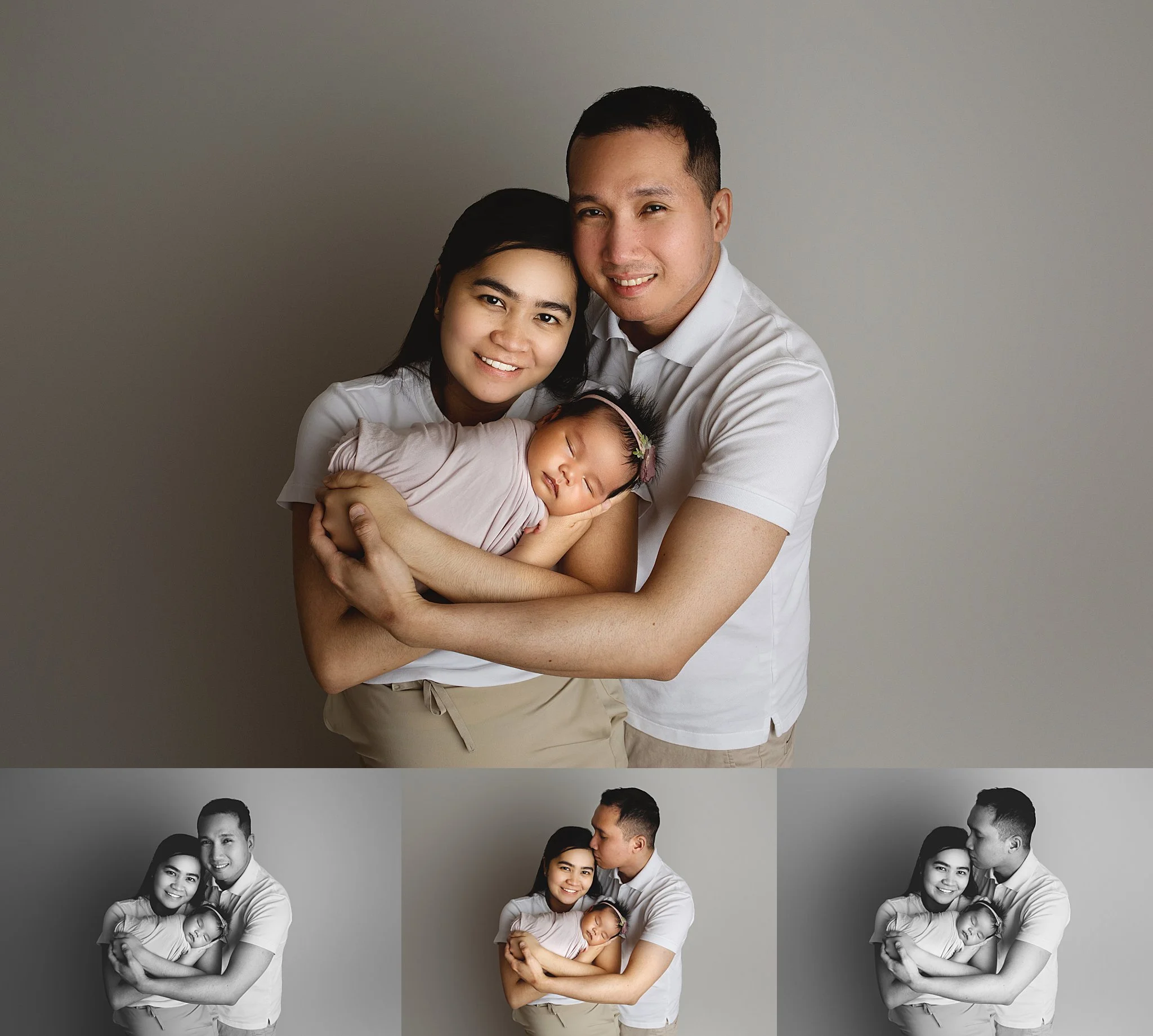 First family portrait as a family of three, with parents holding their swaddled newborn baby girl during a newborn photography session at Joanna Komorek Photography's Saskatoon studio.
