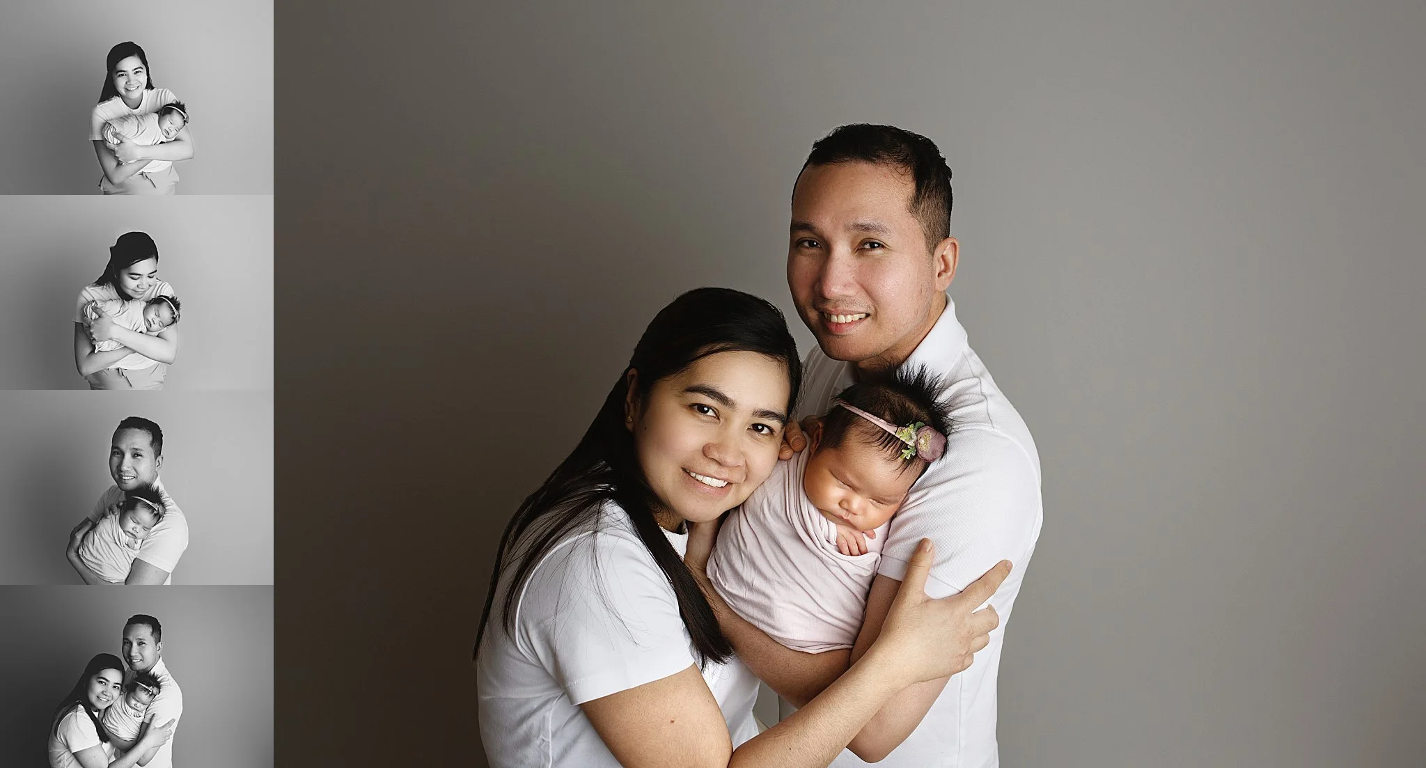 Family portrait with a newborn baby girl, with mom and dad holding and hugging their baby during a professional photo shoot with a Saskatoon newborn photographer.