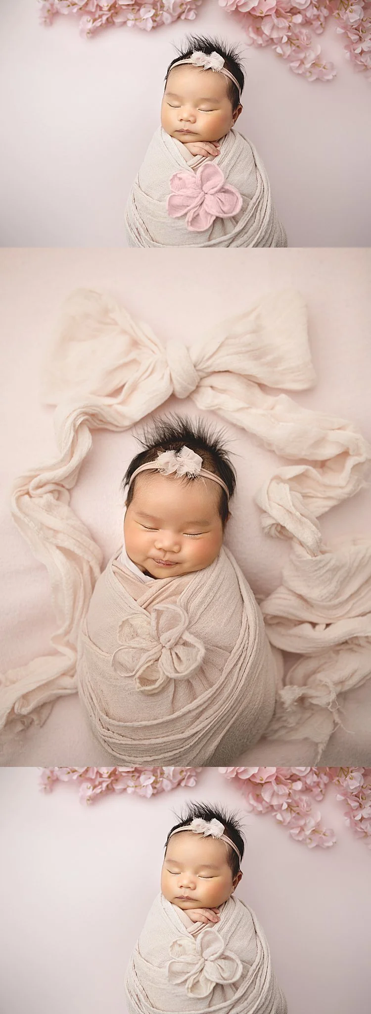 Newborn baby girl wrapped in a soft pink swaddle during a professional newborn photo session with a Saskatoon newborn photographer.