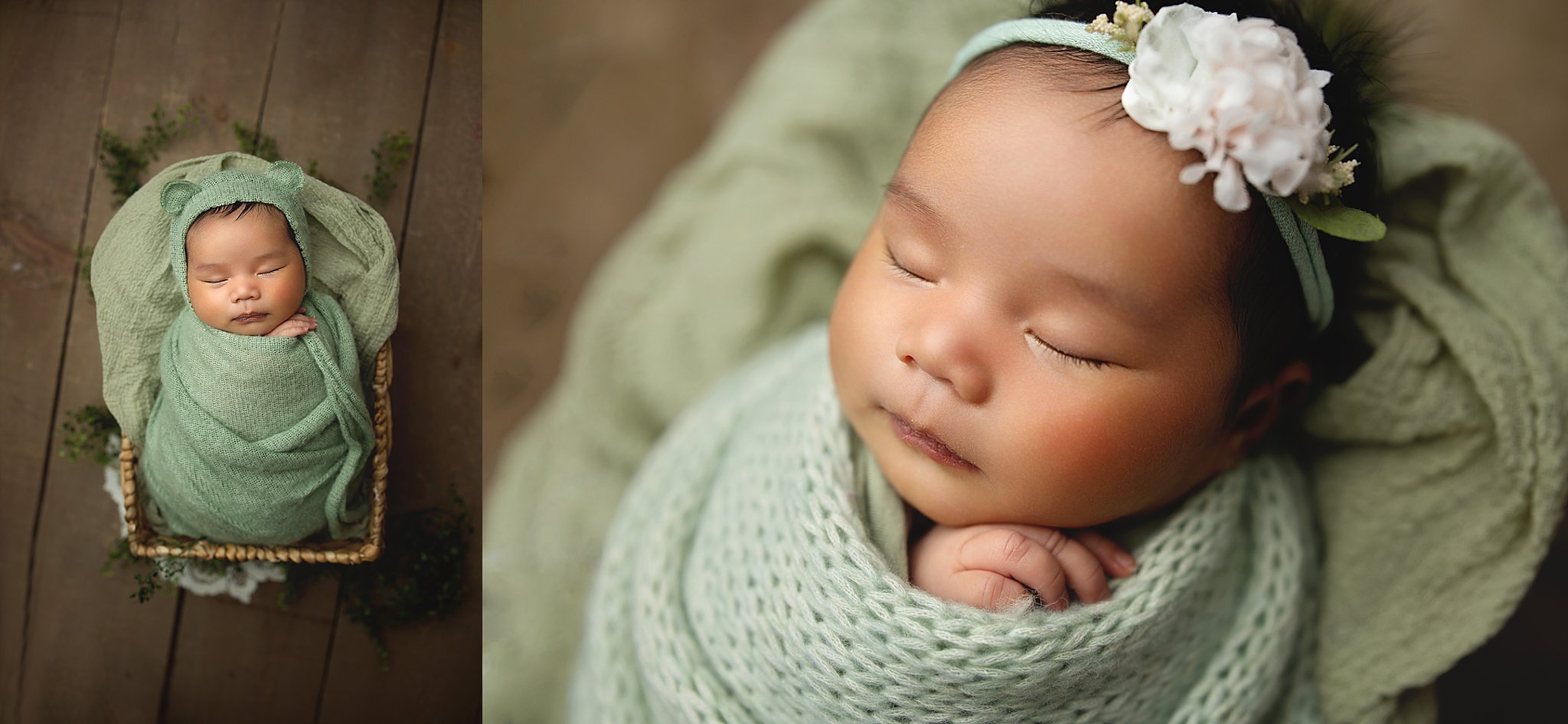 Wrapped baby in a basket wearing a light green swaddle and a dainty headband during a professional newborn photo shoot in Saskatoon, Saskatchewan.