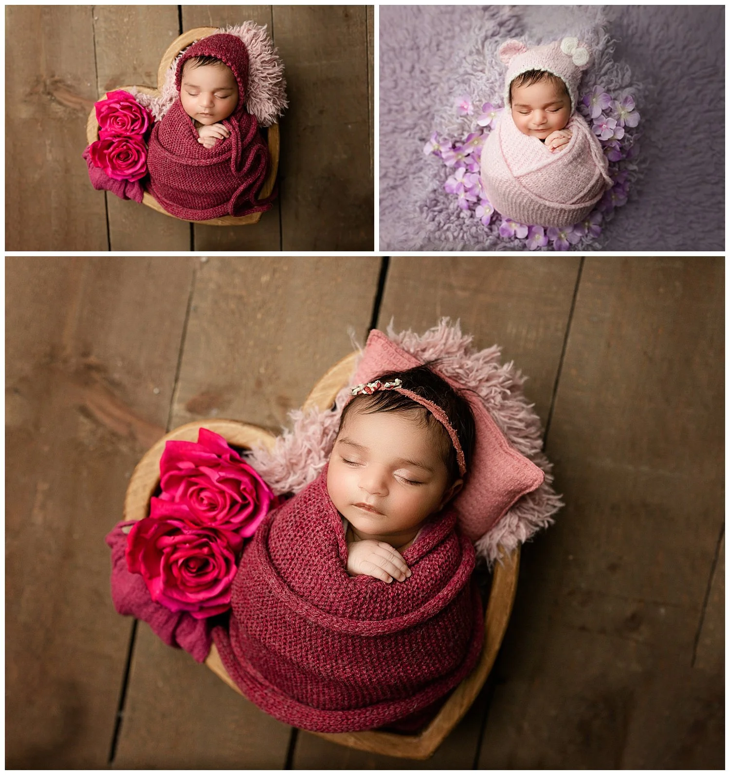 Three photos of a sleeping newborn girl wrapped in a knitted blanket, with various headbands and accessories, posed on a wooden surface. She is surrounded by flowers in two of the photos.