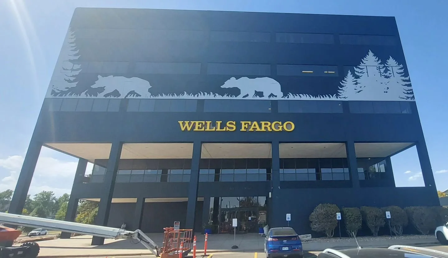Finished the first panel of my mural at Bear Valley Center (5353 W. Dartmouth Ave, Denver, CO)! 🙌 This two-panel mural faces the streets and will feature two bear cub silhouettes in the wilderness and a mama bear on an incline for the next piece. 🐻
