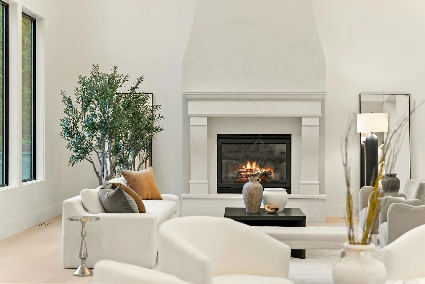 🔥 Fireplace FP-35 🔥
Handcrafted surround with a decorative plaster chimney &mdash; the true centerpiece of this space.
Staged  beautifully by  @aviahomestaging 
.
.
.
#FireplaceDesign #ModernFireplace #FireplaceSurround #InteriorInspo #InteriorDesi