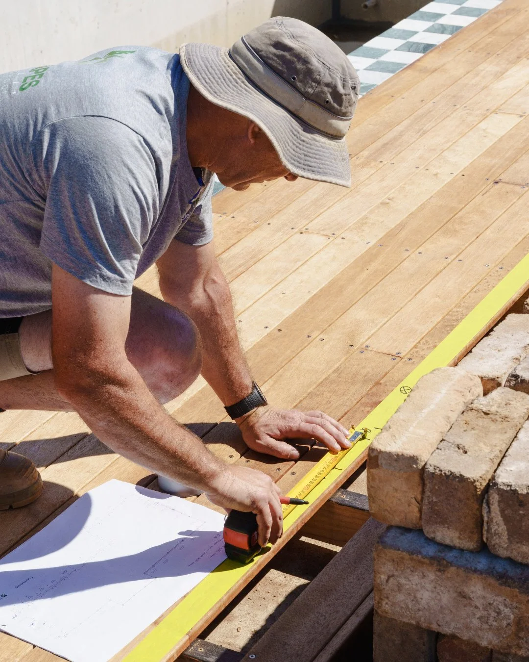 Decking in progress 🔨⁠
⁠
This stunning timber deck is shaping up beautifully and will be the perfect complement to our checkered-tile pool. Our team has been hard at work in Orangeville, bringing us closer to the final result!