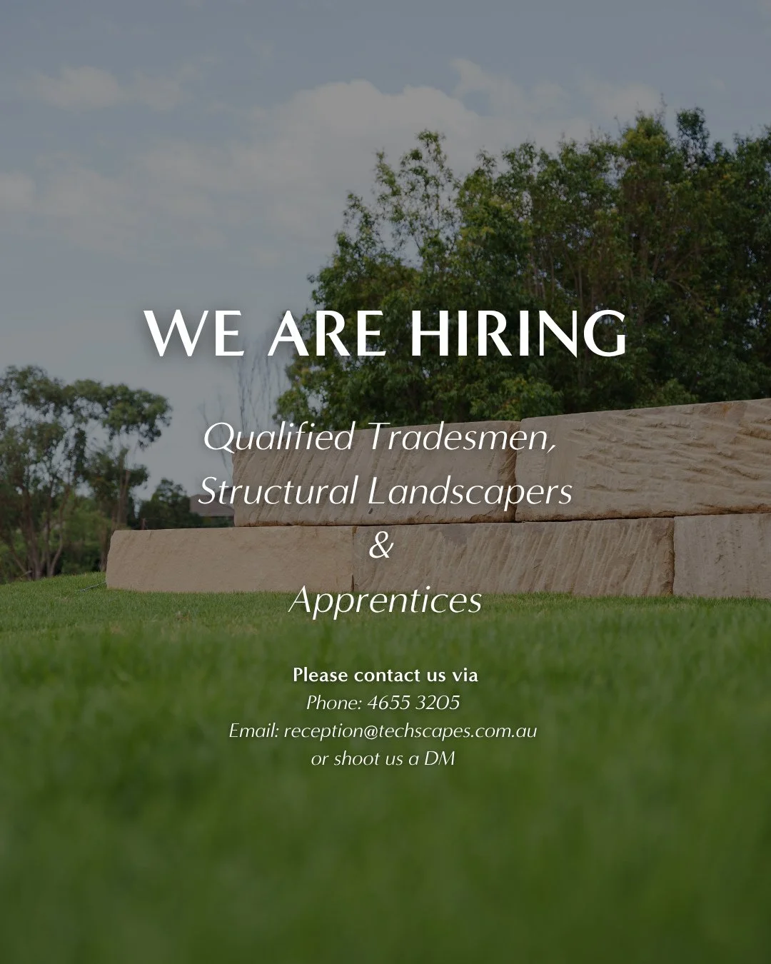 Are you a tradesmen, landscaper or apprentice?⁠
⁠
We have a spot in the Techscapes team open for you now!⁠
⁠
Contact us via phone, email or DM to find out more!