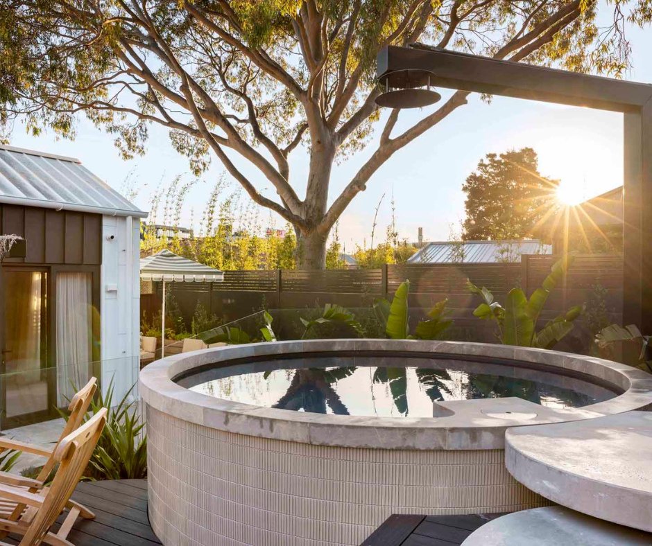 We love how this Plungie client has customised their pool!⁠
⁠
This above-ground Plungie Arena shown on The Block exudes an air of humble luxury with how it complements its surroundings. The Med Blue Ecofinish only enhances the pool's appeal, inviting