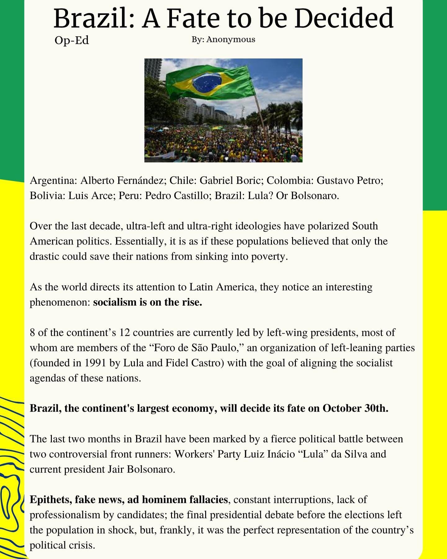We&rsquo;re excited to share another Op-Ed about the elections in Brazil! 💚💛

Message from the writer:
&ldquo;Yesterday, I read and analyzed the op-ed published by Wharton Latino&rsquo;s El Periodico regarding the current political situation in Bra