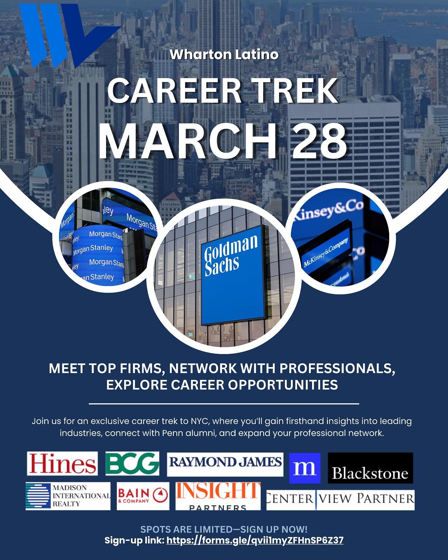 Don&rsquo;t miss out on the Wharton Latino Career Trek! 🚀

📍 NYC | March 28
💼 Meet top and explore career opportunities! &hellip;&hellip;&hellip;&hellip;🚙All transportation included!

Spots are limited&mdash;sign up now: https://forms.gle/qvii1my