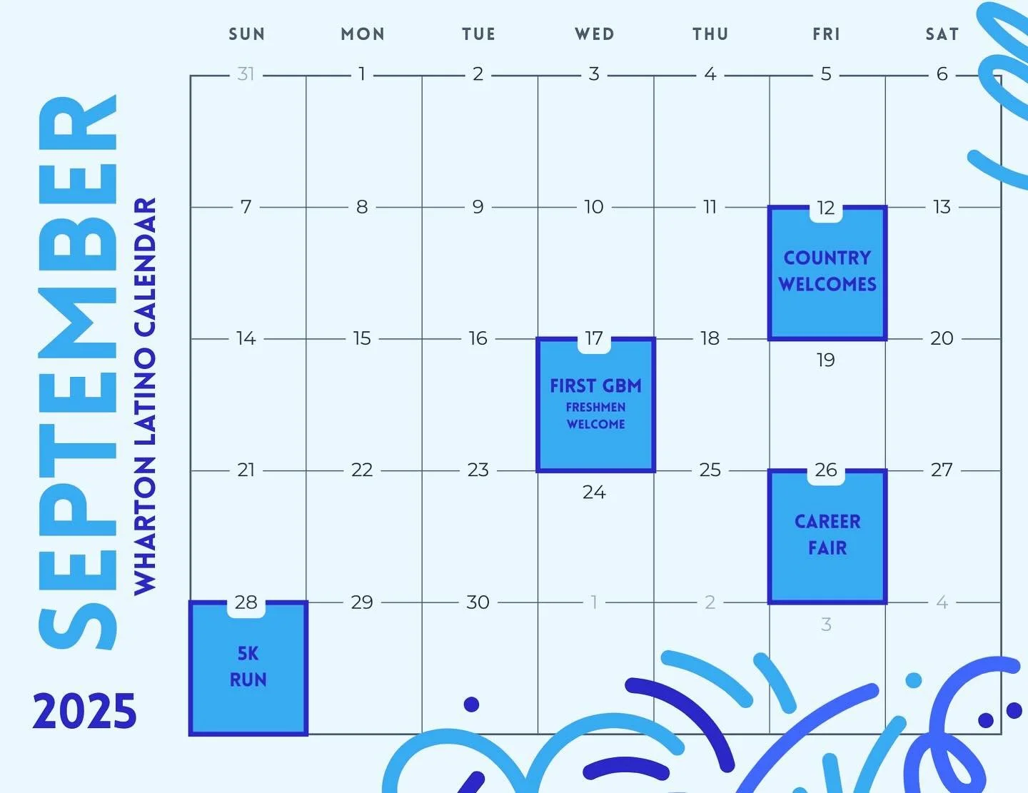 Wharton Latino is kicking off September with a packed calendar of events! From our Country Welcomes 🇨🇴🇲🇽🇧🇷 to the First GBM 🎉, Career Fair 💼, and even a 5K Run 🏃&zwj;♂️, there&rsquo;s something for everyone this month.

Mark your calendars a