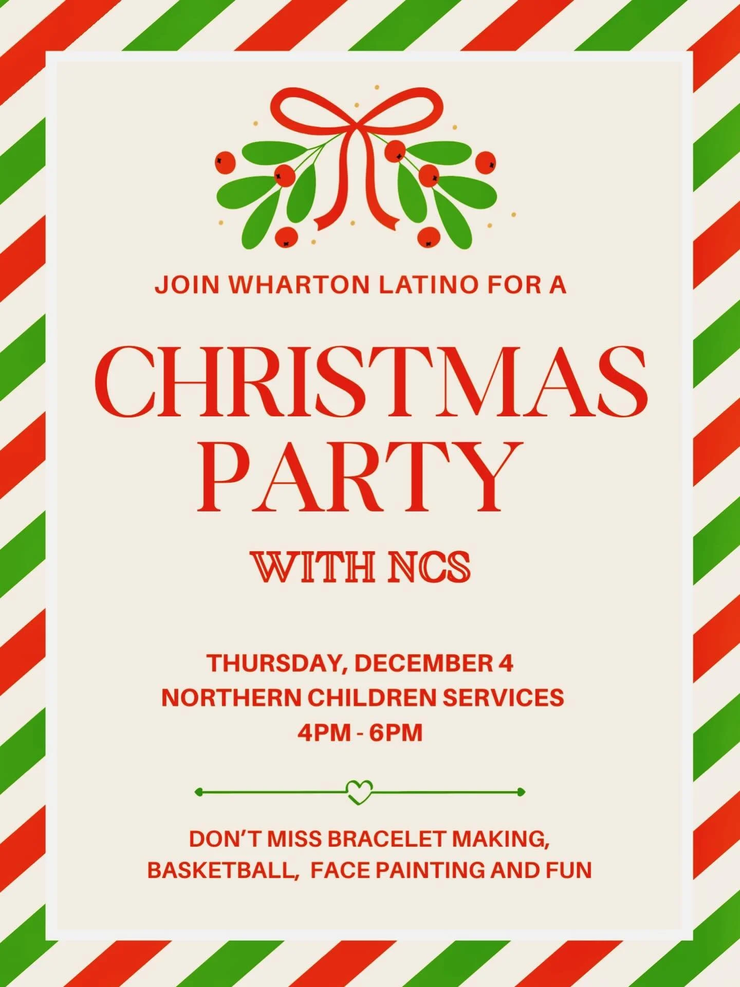 Come spread holiday cheer with Wharton Latino &amp; NCS! Bracelet making, basketball, face painting, and lots of fun! ❤️✨ Dec 4th, 4&ndash;6PM!

Don&rsquo;t miss it! #whartonlatino 💙🤍