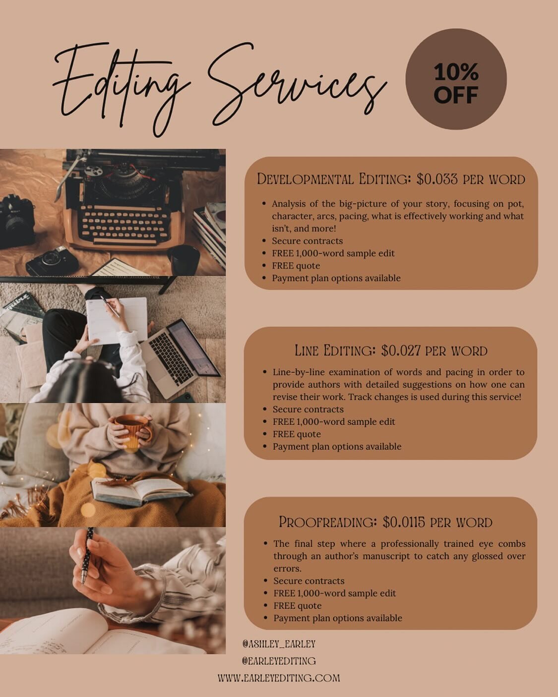 Hi writers!

I&rsquo;ve been a full-time editor since receiving my Bachelor of Arts degree in English with an emphasis in Creative Writing. That was when I founded @earleyediting, and that was nearly 3 years ago now!

I&rsquo;ve helped several client