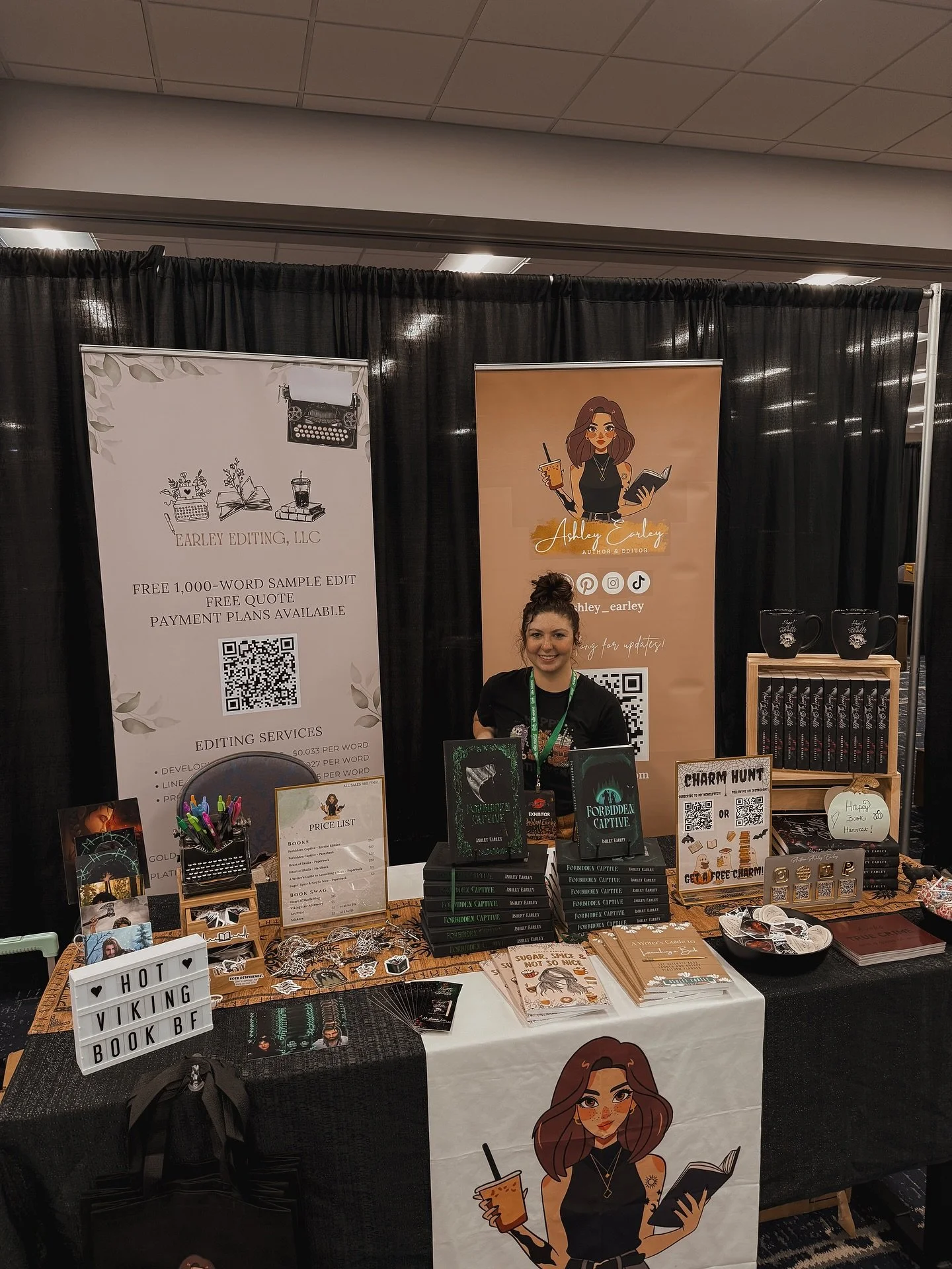 Book Harvest ready! 🎃

I&rsquo;m in Salon A on Cookies &amp; Cream Avenue starting at 1pm and am on the Mythology Mayham panel at 10am!

This is my first panel and my first ever signing, so I am a ball of nervous-excitement! 

Can&rsquo;t wait to me