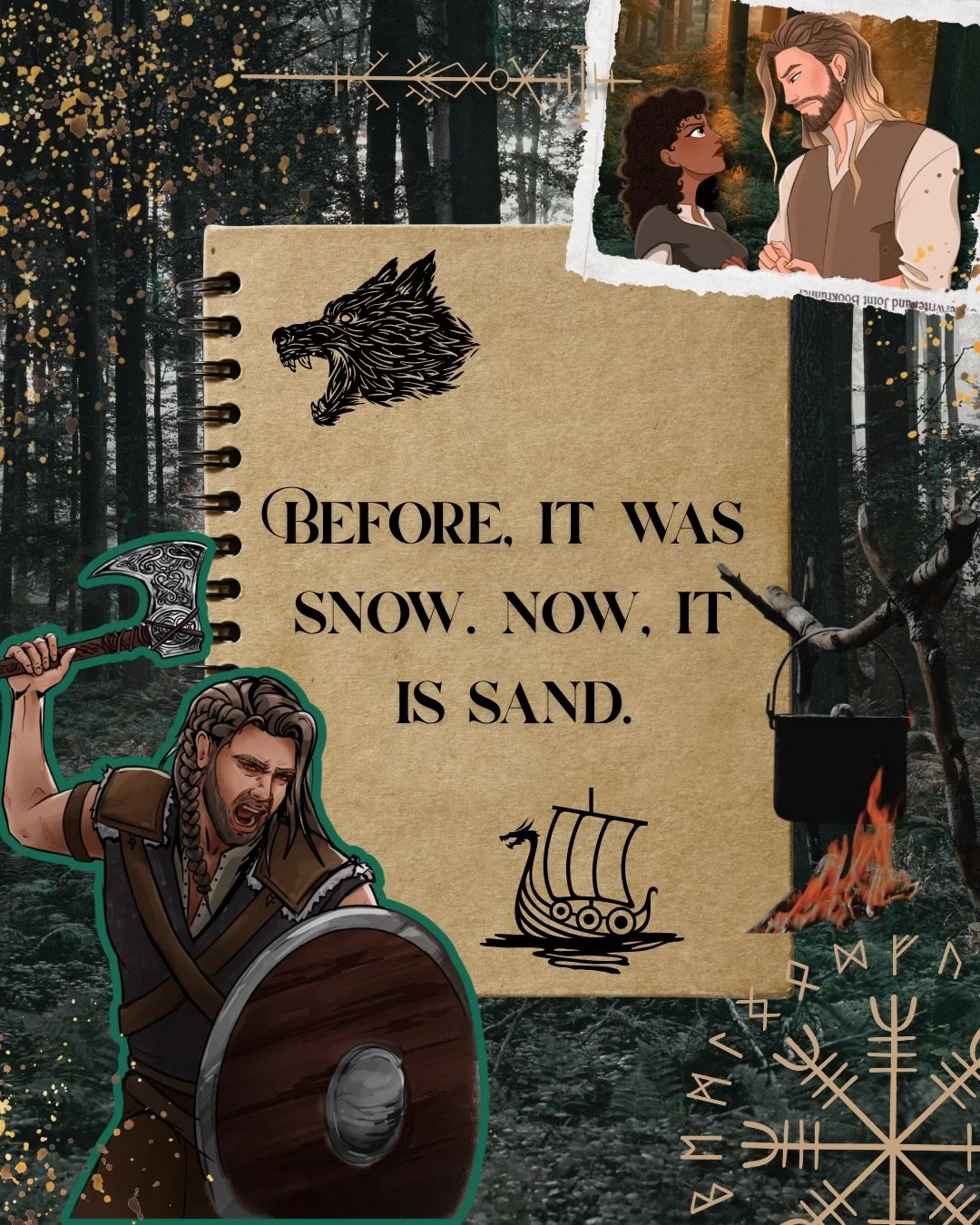 Before, it was snow. Now, it is sand.

Yesterday, I shared a post about two important realms, because 𝐅𝐎𝐑𝐁𝐈𝐃𝐃𝐄𝐍 𝐂𝐀𝐏𝐓𝐈𝐕𝐄 mostly takes place in the snowy forest of Waylria, while the prequel novella, 𝐭𝐢𝐭𝐥𝐞 𝐓𝐁𝐀, takes place in Sa
