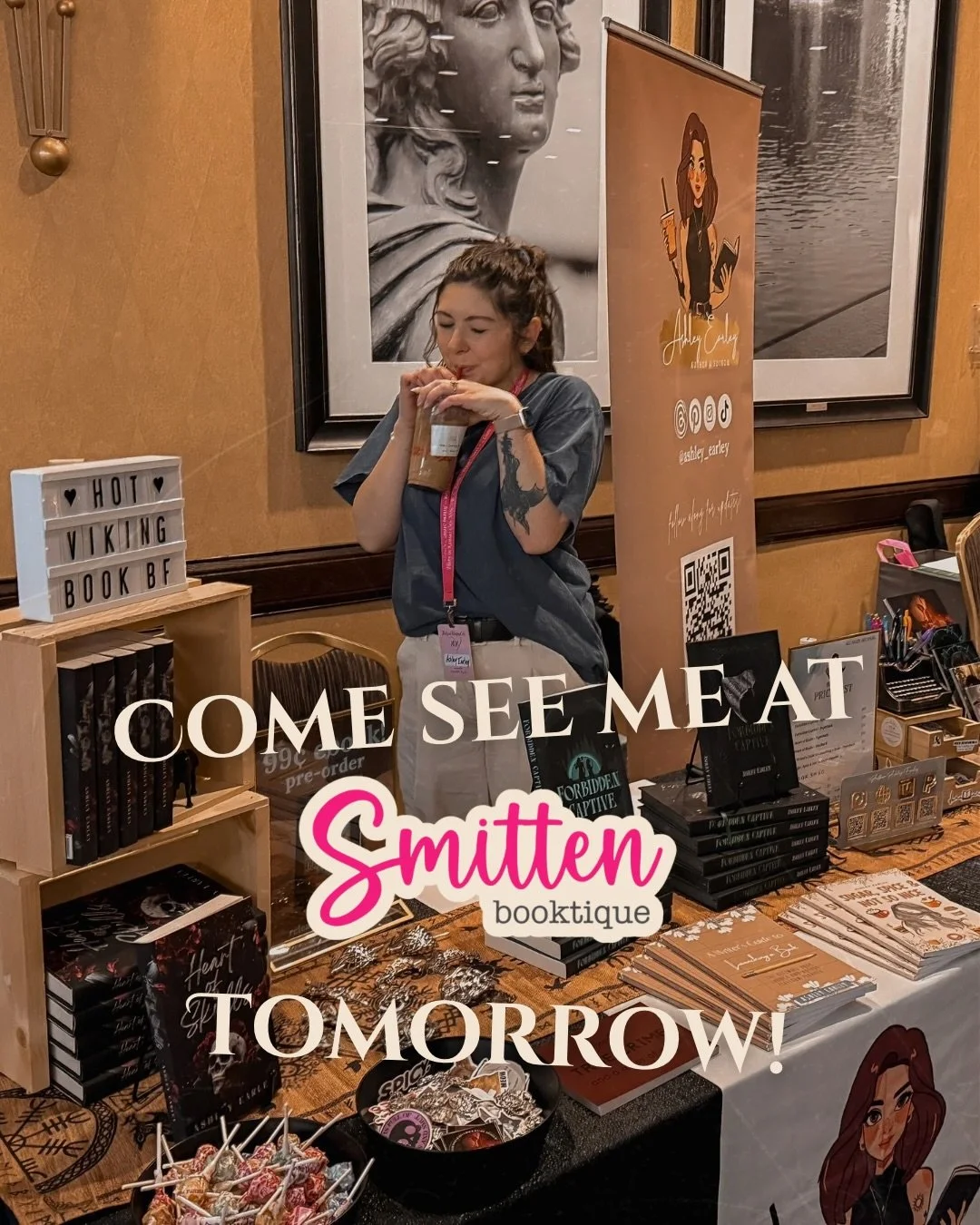 KC bookish lovelies! 📖&nbsp;💕

I will be doing a signing at&nbsp;@smittenbooktique TOMORROW, April 11th from 11am&mdash;4pm.

❤️&zwj;🔥📖 𝐅𝐎𝐑𝐁𝐈𝐃𝐃𝐄𝐍 𝐂𝐀𝐏𝐓𝐈𝐕𝐄 (Legends &amp; Predators 1), is an enemies to lovers romantasy between a Vik