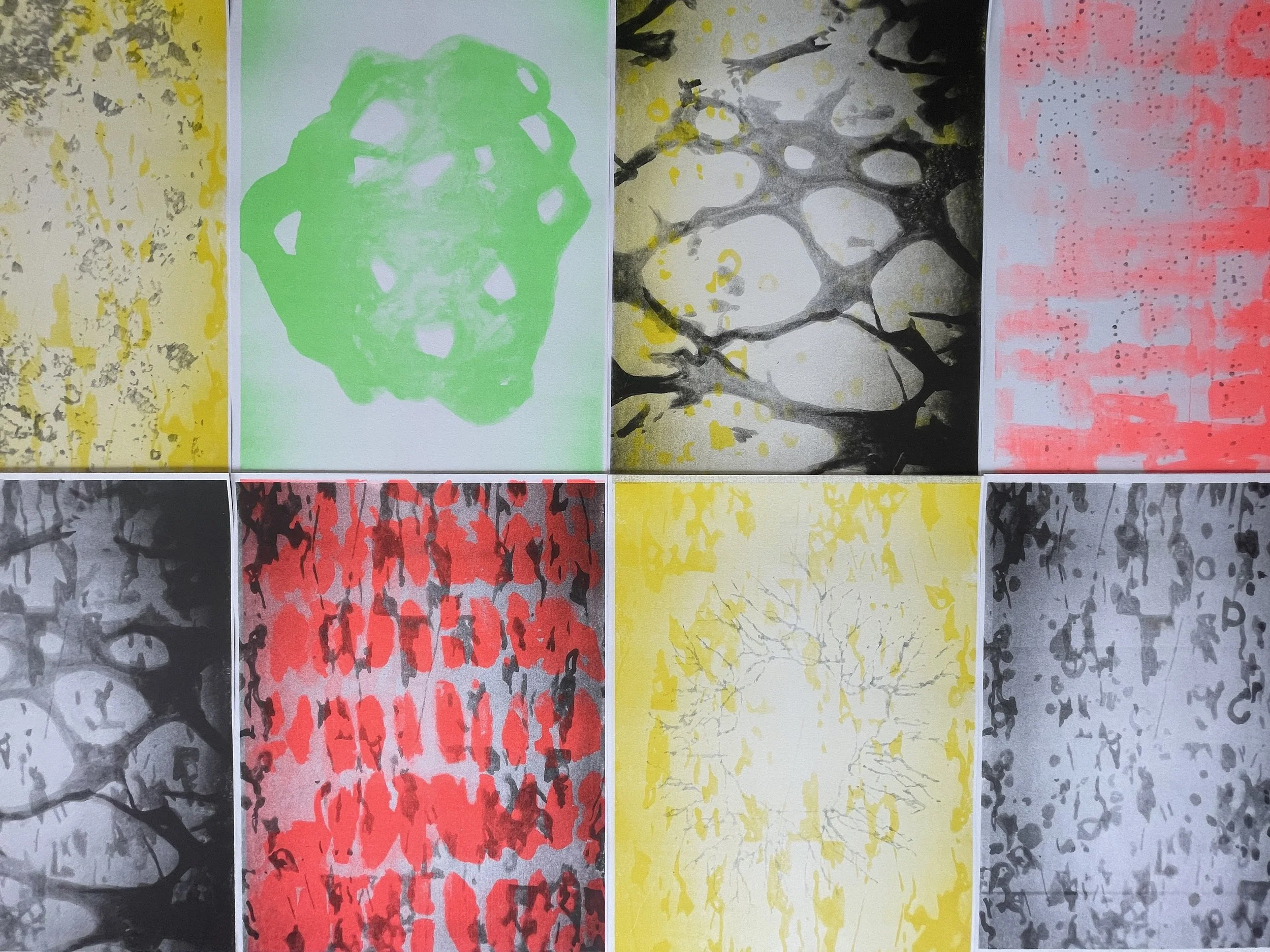 The series of risographs is based on a visual experiment that superimposes large-format colored ink paintings and graphite drawings of mycelium structures.
The works show a dense network of organic forms reminiscent of networks, roots or microscopic