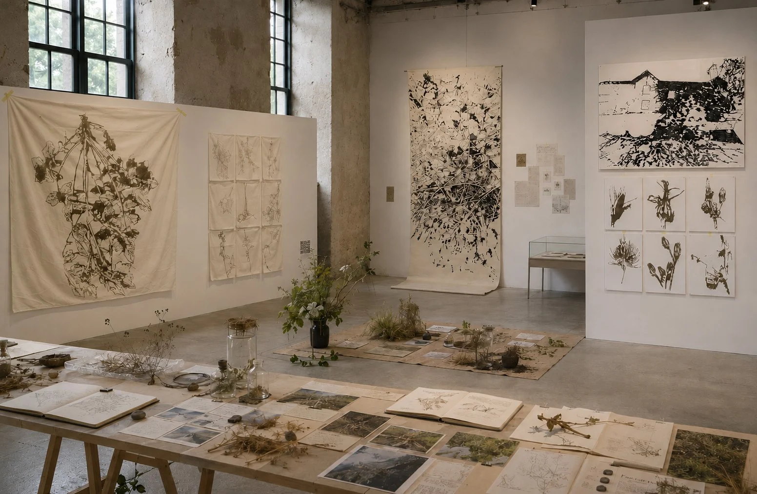 visualization installation (AI-generated) / various techniques and sizes / The installation is conceived as a walk-in research station—a cross between a studio and a laboratory—where plants appear as independent actors. Scientific methods such as col
