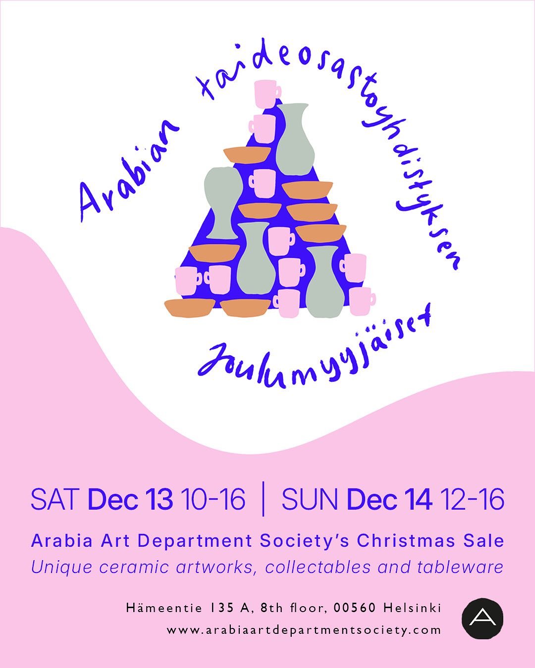 ❤️🎄Arabia Art Department Society&rsquo;s Christmas Sale is next week! 
Saturday Dec 13 10-16 and Sunday 12-16, warm welcome everyone!

Arabian Taideosastoyhdistyksen Joulumyyj&auml;iset ensi viikon lauantaina 13.12. 10-16 ja sunnuntaina 14.12. 12-15