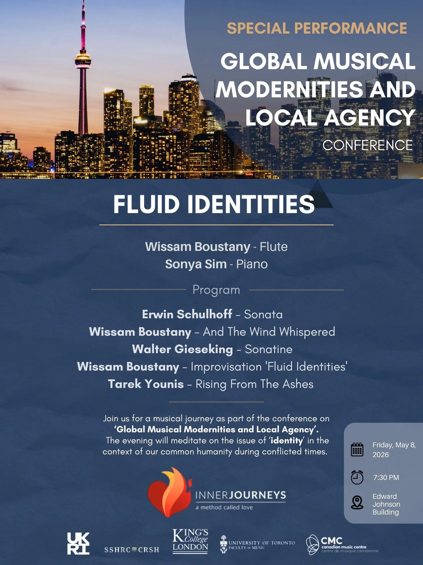 ...FLUID IDENTITIES...
7:30pm, Friday 8th May 2026
University of Toronto

Wissam Boustany - flute 
Sonya Sim - piano 

Join Sonya Sim and me for this recital, as part of the 
GLOBAL MUSICAL MODERNITIES AND LOCAL AGENCY CONFERENCE, 7-10 May 2026