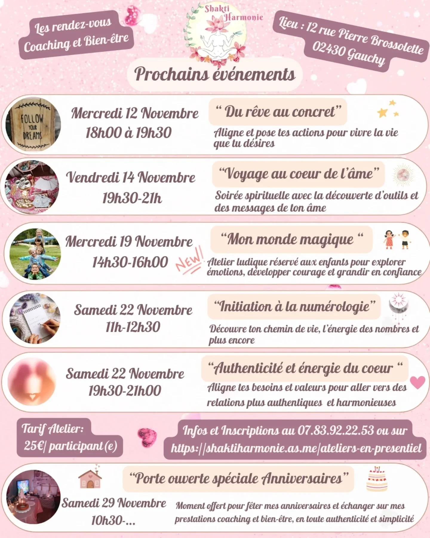 ✨🌿 Les rendez-vous coaching de Novembre 🌿✨
📍 12 rue Pierre Brossolette, 02430 Gauchy

Viens partager en petit comit&eacute; un atelier convivial, authentique bienveillant et constructif 💫🤗✨

💭 Mercredi 12 Novembre
🌟 &quot;Du r&ecirc;ve au conc