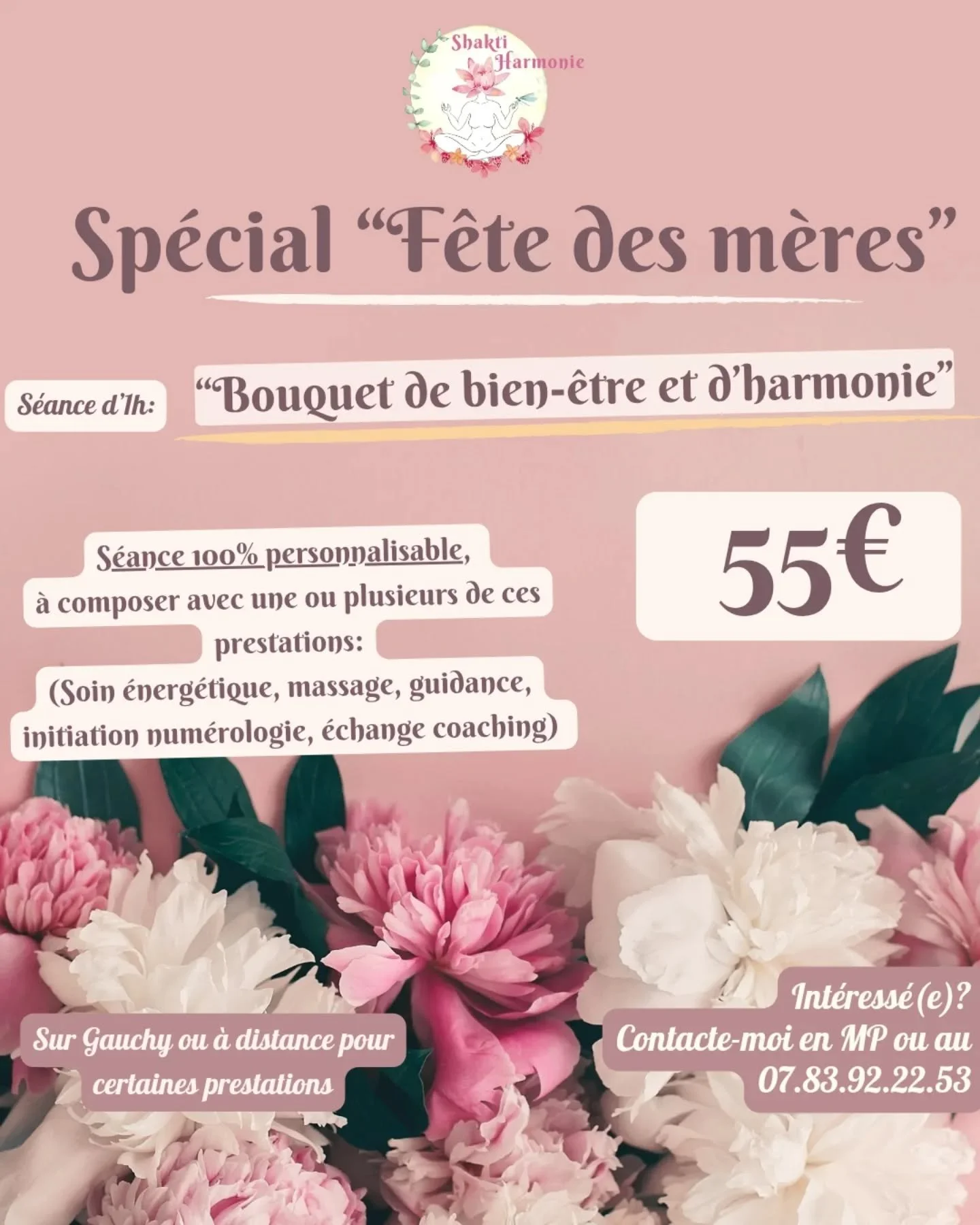 🌟Bient&ocirc;t la "F&ecirc;te des m&egrave;res" 🌸,
Je te propose la s&eacute;ance "💐Bouquet de bien-&ecirc;tre et d'harmonie💐🫶" &agrave; offrir ou &agrave; t'offrir🎁, 100% personnalisable pour r&eacute;pondre aux envies et b