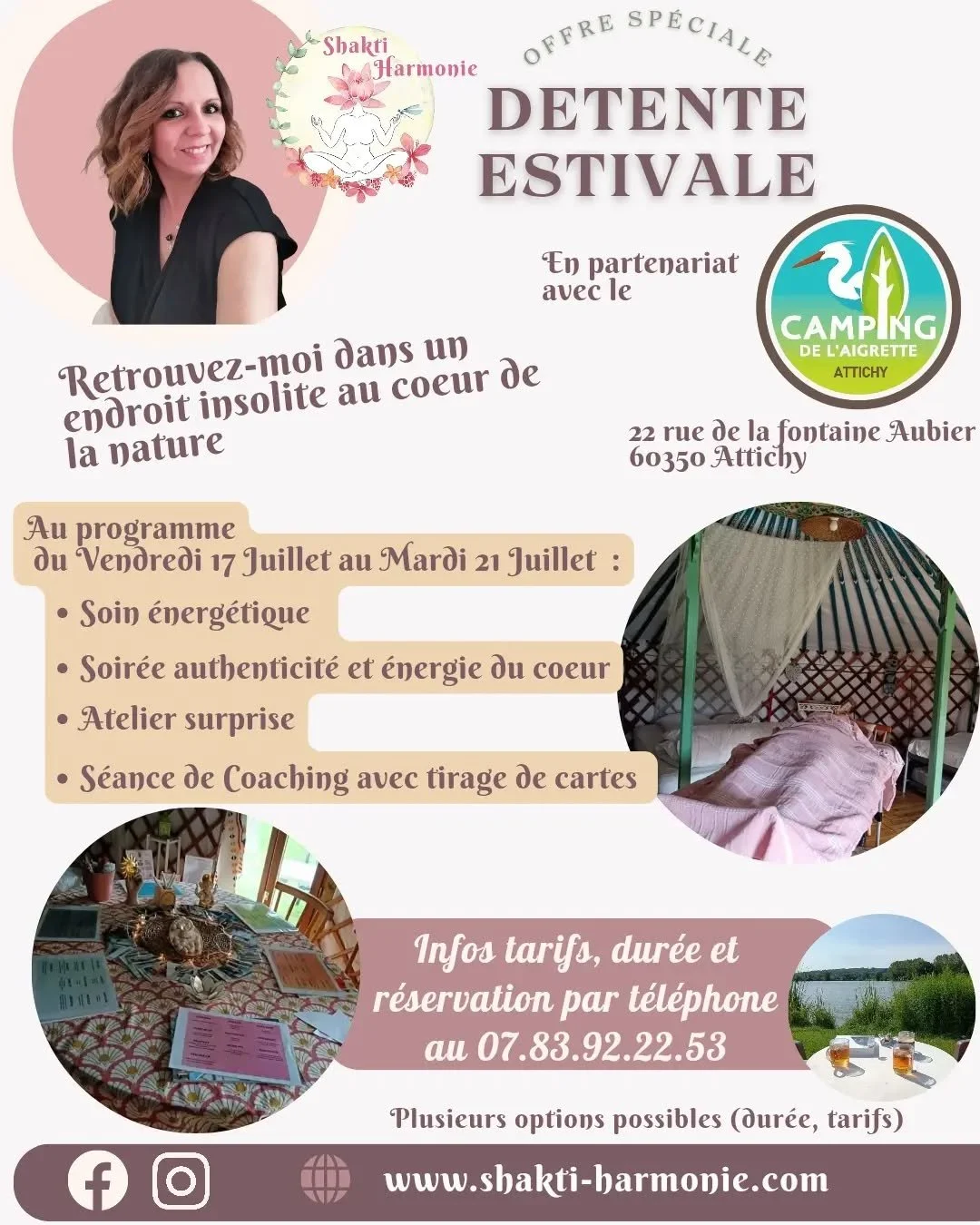 🌞D&eacute;tente estivale🌞 au
📍@camping_de_laigrette du 17 au 21 juillet 💫.

Venez me retrouver pour des moments de s&eacute;r&eacute;nit&eacute;, partage, convivialit&eacute; 🤗💖✨.

Le programme sera d&eacute;termin&eacute; en fonction des inscr