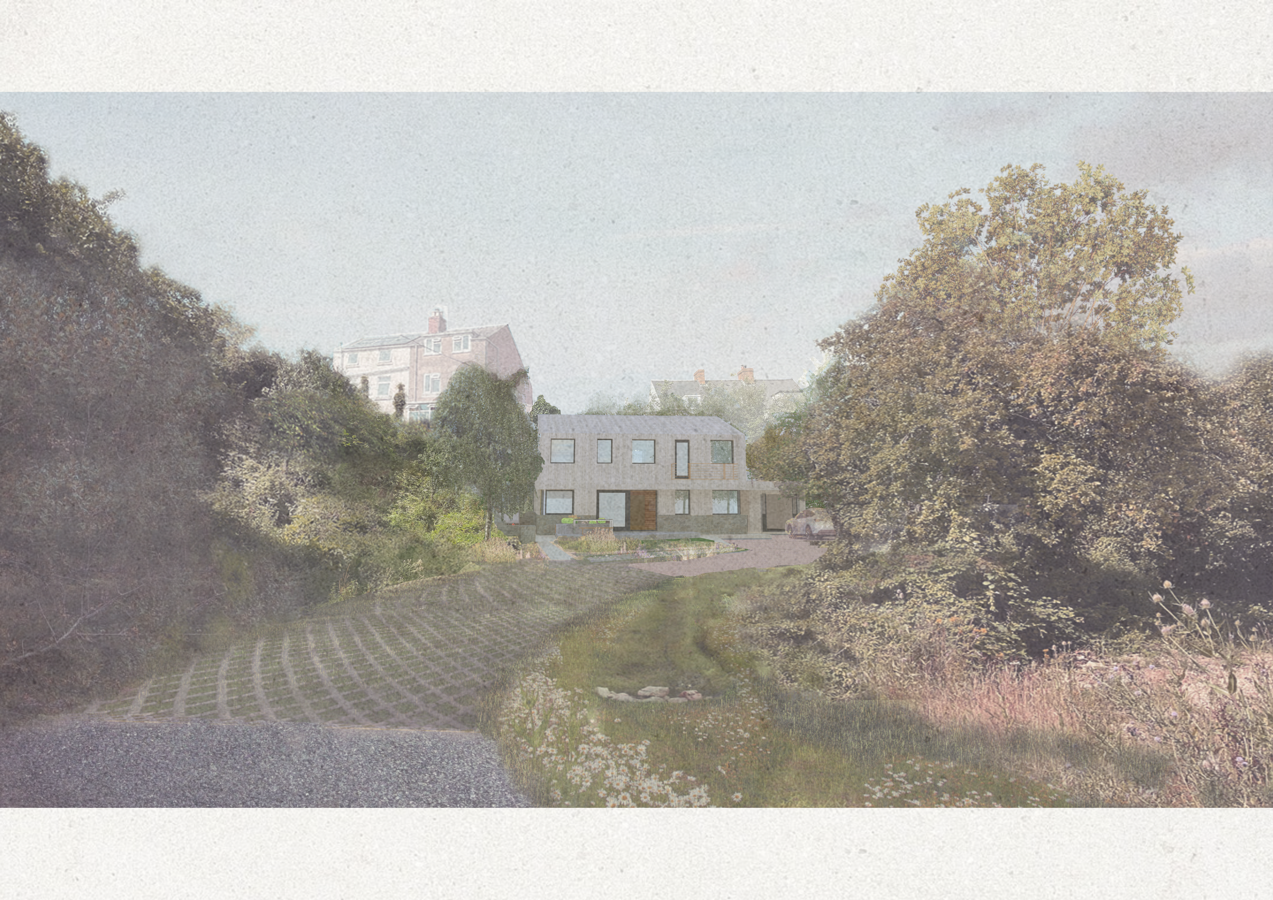 Studio BE. Architecture for Wellbeing — South Elevation & naturalised front gardens, CGI courtesy of Studio CHY