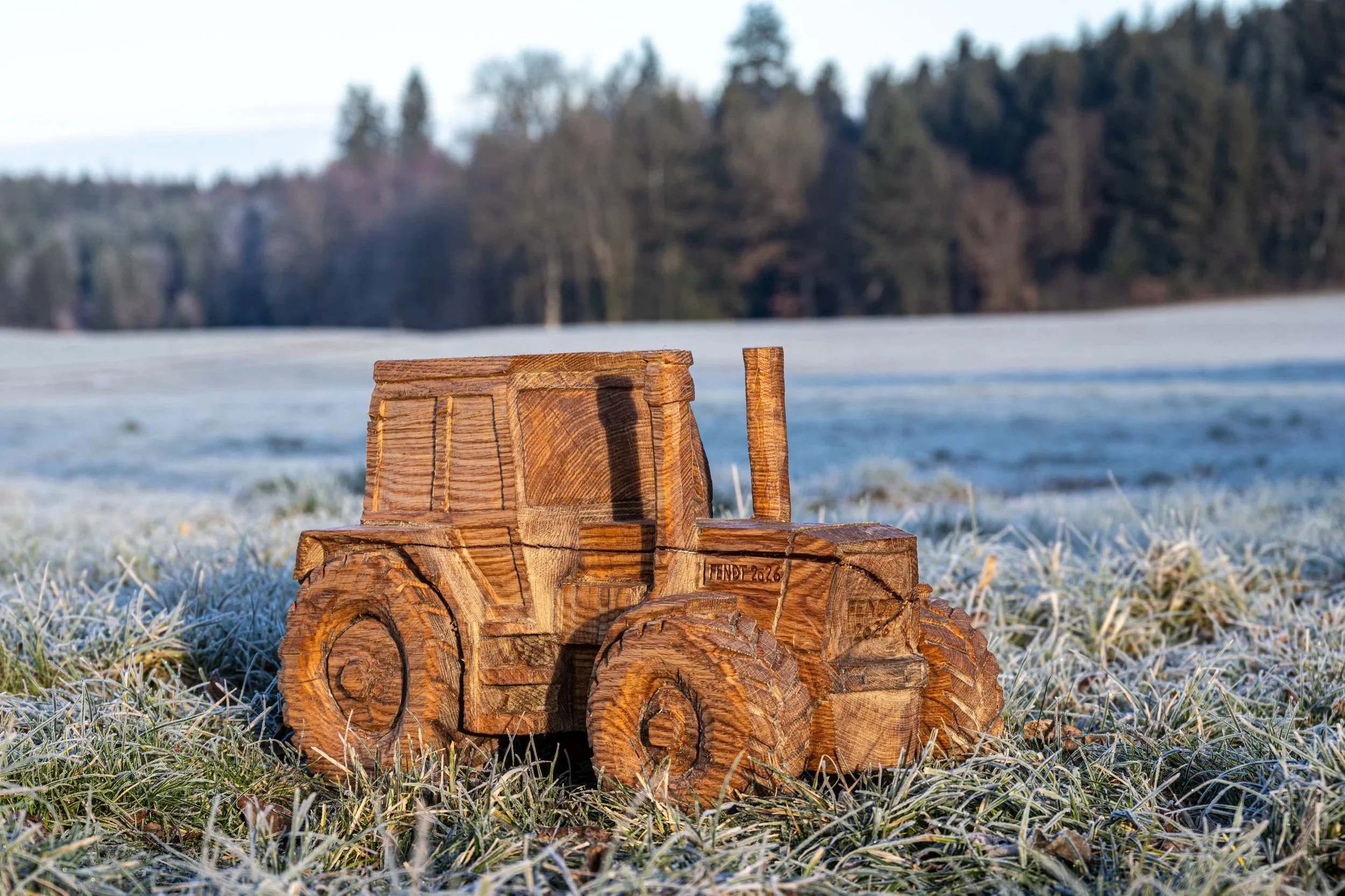 Fendt 612 gesägt aus Roteichenholz, Details geschnitzt, geölt