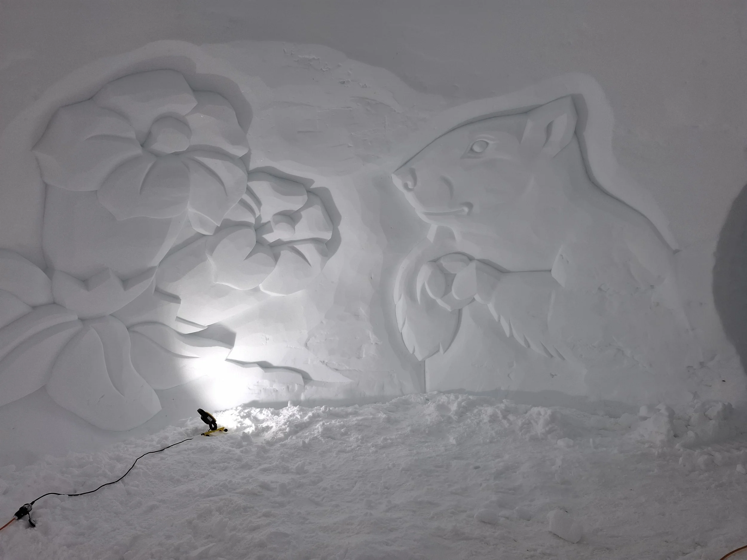 Schneeschnitzerei Enzian und Murmeltier in Schlafiglu Engstligenalp