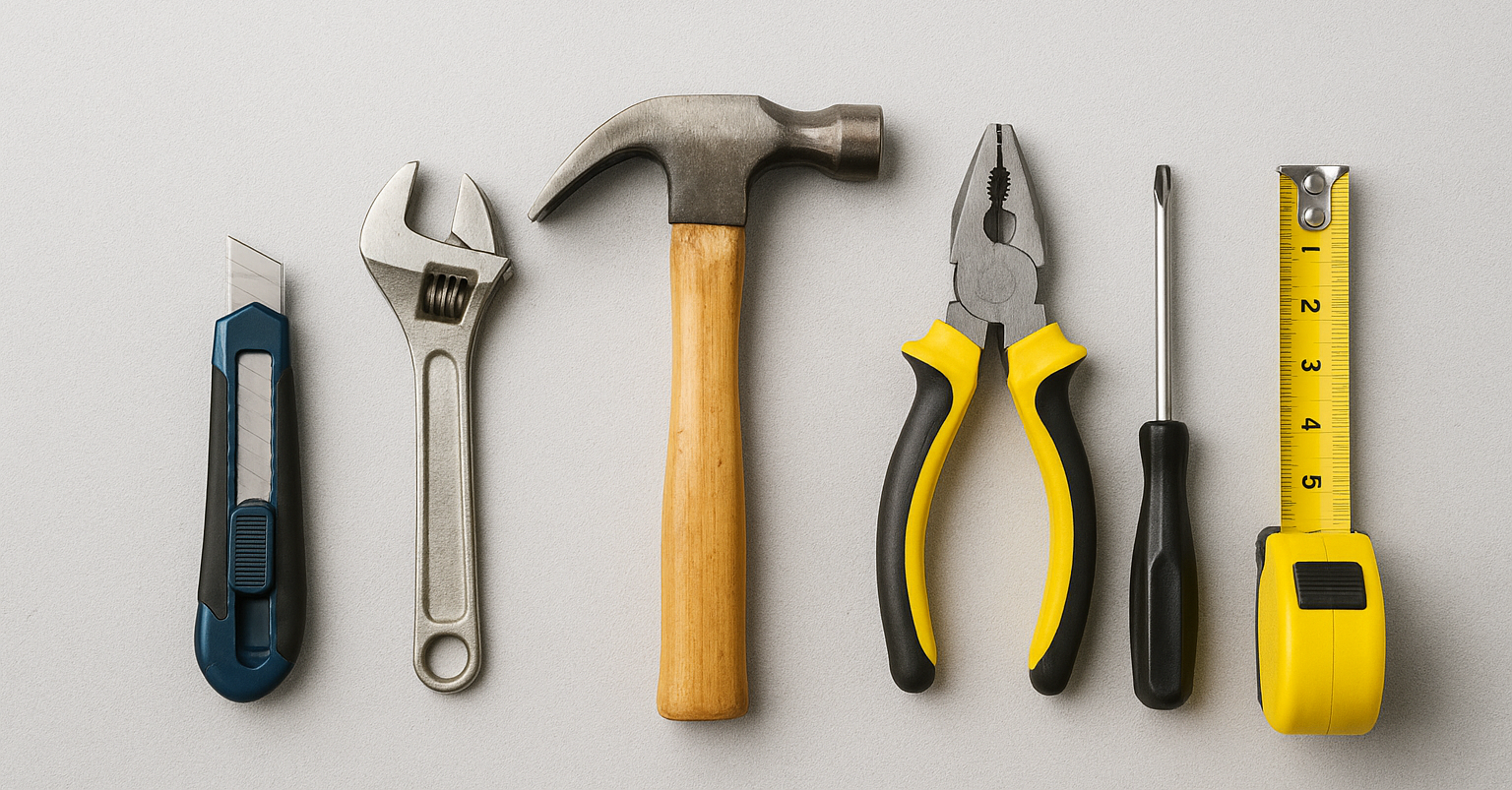 Tools including a utility knife, adjustable wrench, hammer, needle nose pliers, flathead screwdriver, and measuring tape are arranged on a light surface.