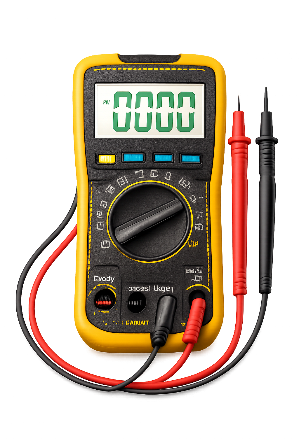Digital multimeter with black and red probes, display shows 0000, yellow casing.