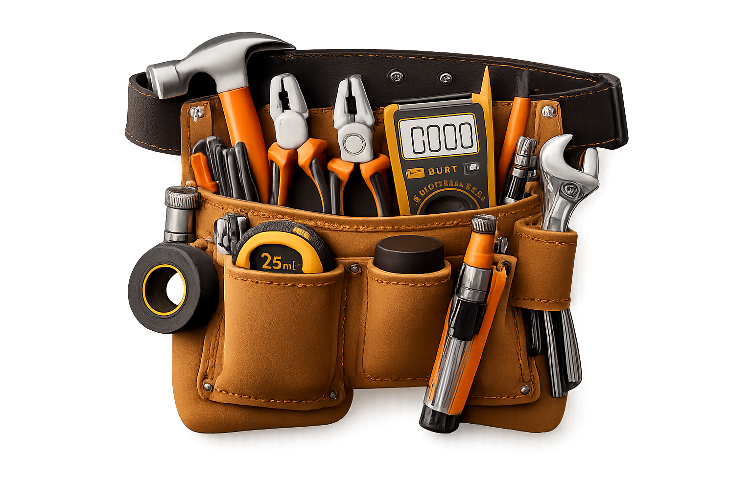 Car repair toolkit belt with various tools including pliers, screwdrivers, a hammer, a tape measure, a flashlight, and a digital multimeter.