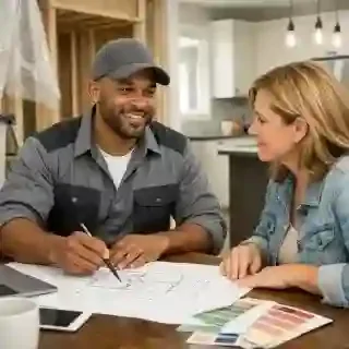 Two people, a man and a woman, sitting at a table with sketches and swatches, smiling and talking in a well-lit room.