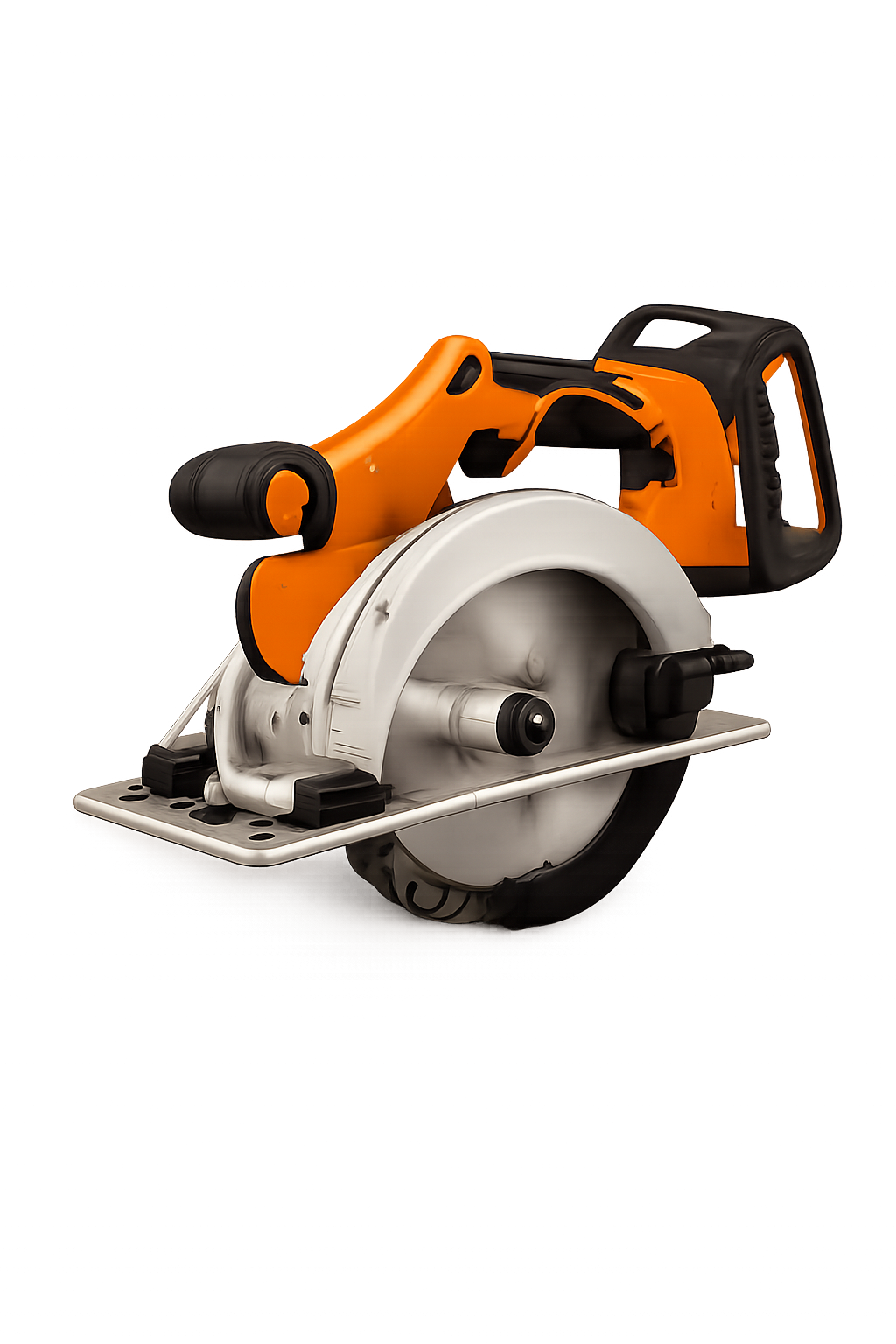 Close-up of a circular saw with an orange handle and black grip against a brown gradient background.