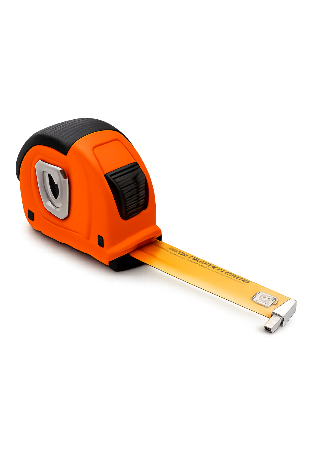 A compact orange and black retractable tape measure with a metal end hook, extended on a reflective surface.