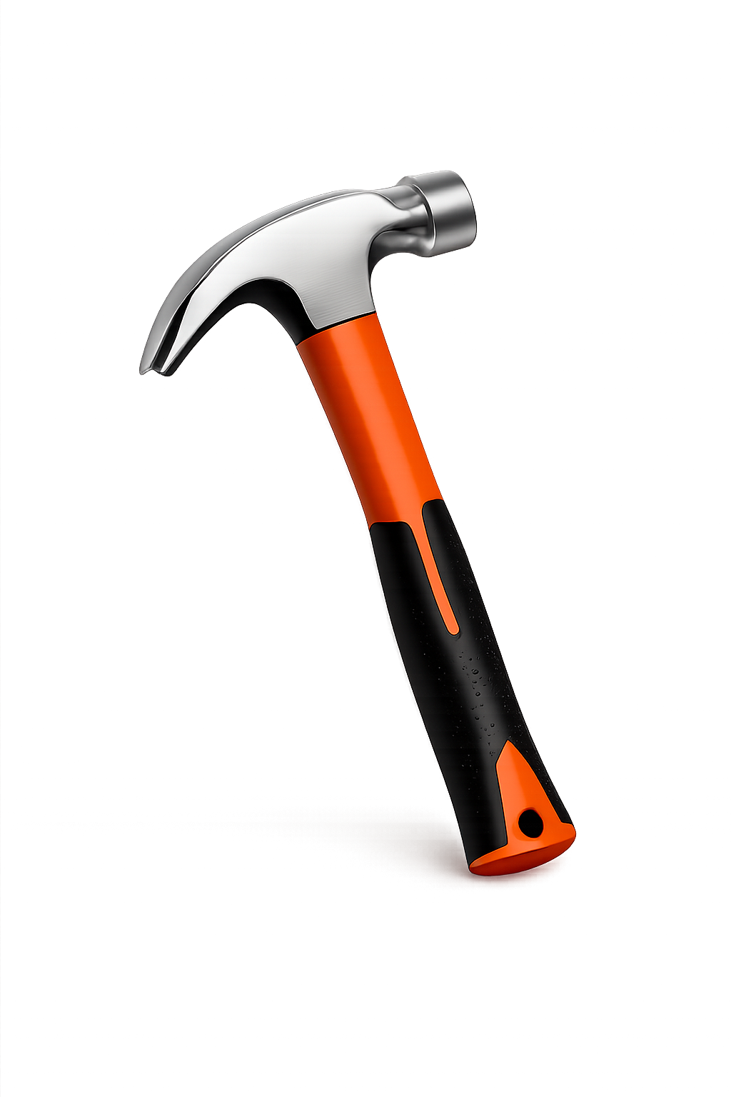 A cordless hammer drill with an orange and black handle, and a silver metal bit, standing upright on a flat surface.