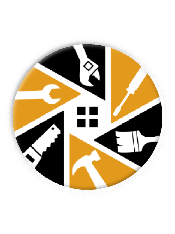 A circular graphic divided into eight segments, each showing a different handyman tool: wrench, saw, hammer, paintbrush, screwdriver, putty knife, paint roller, and caulking tool. The segments alternate between black and orange colors.
