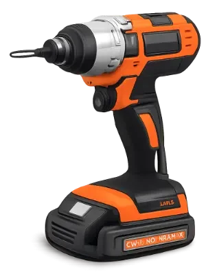 A cordless power drill with an orange and black design, featuring a silver metal chuck and a black trigger. It is positioned upright on a black base.