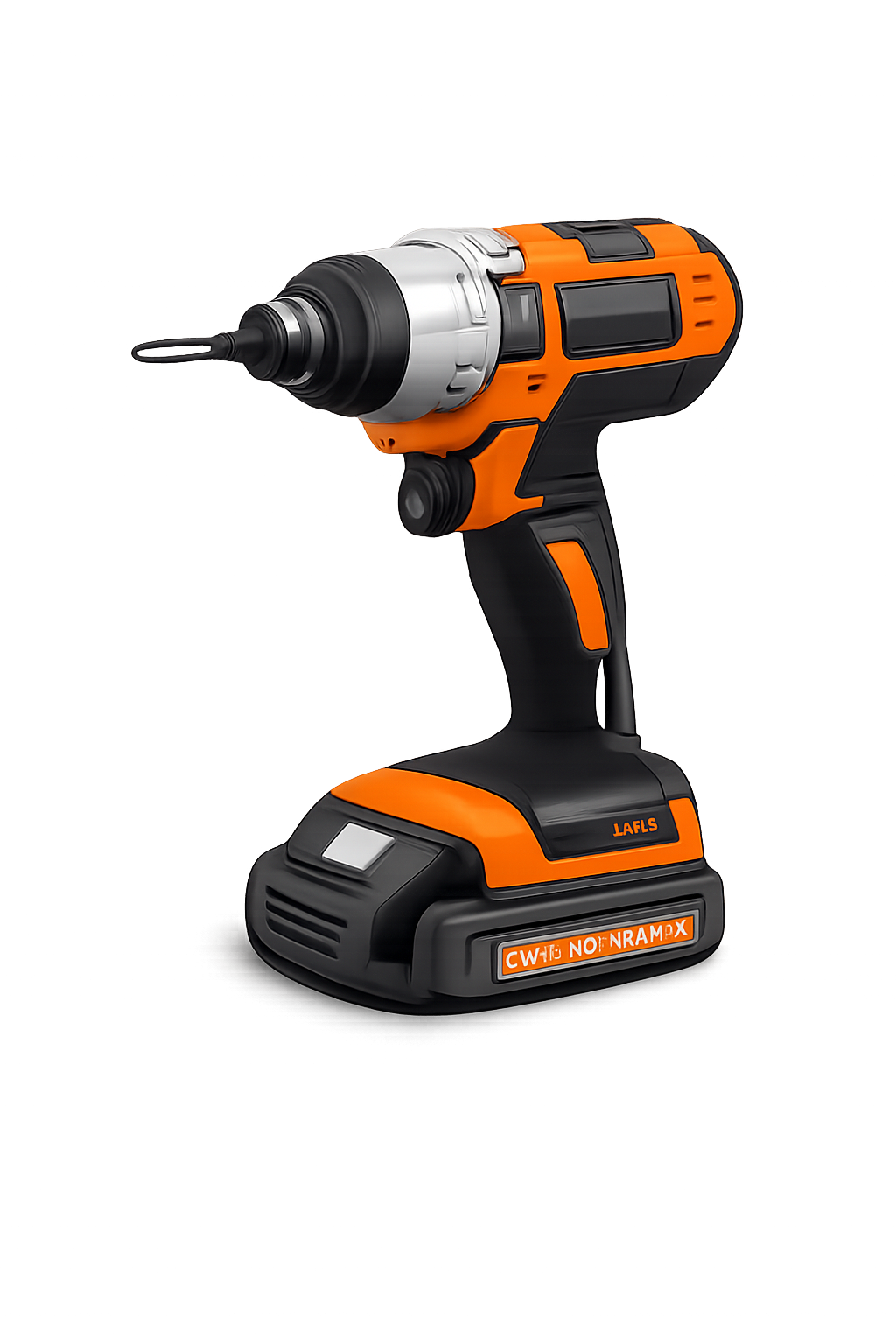A cordless electric drill with black and orange color, featuring a black handle and battery pack.