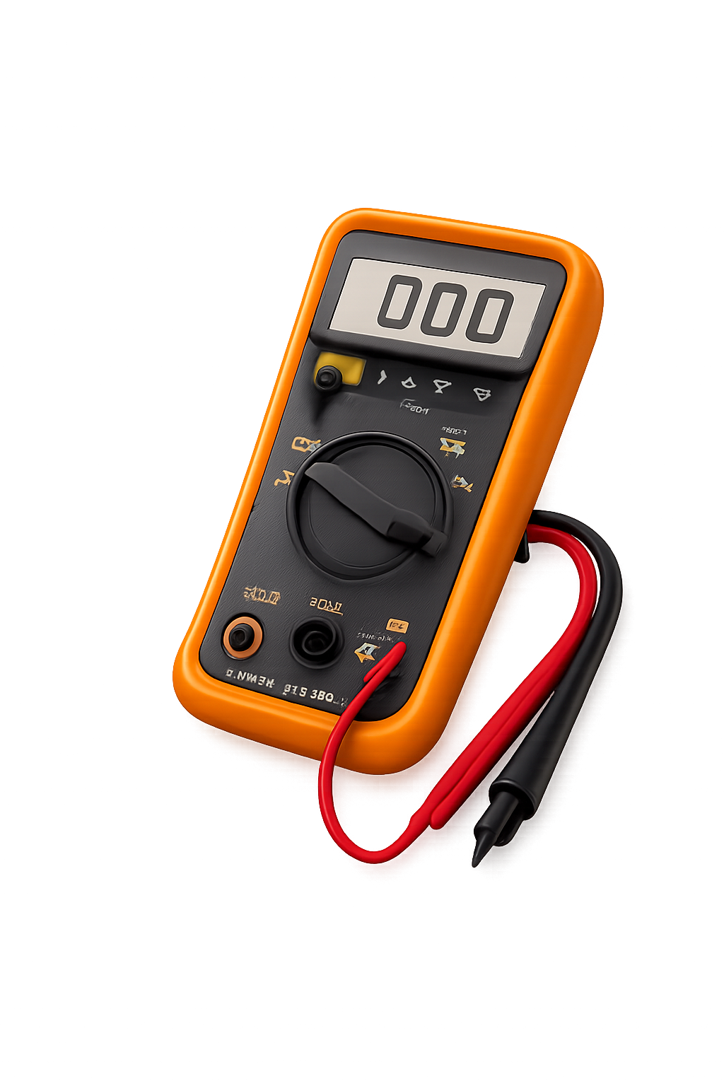 A digital multimeter with orange casing, black dial, and red and black probes, displaying a reading of zero.